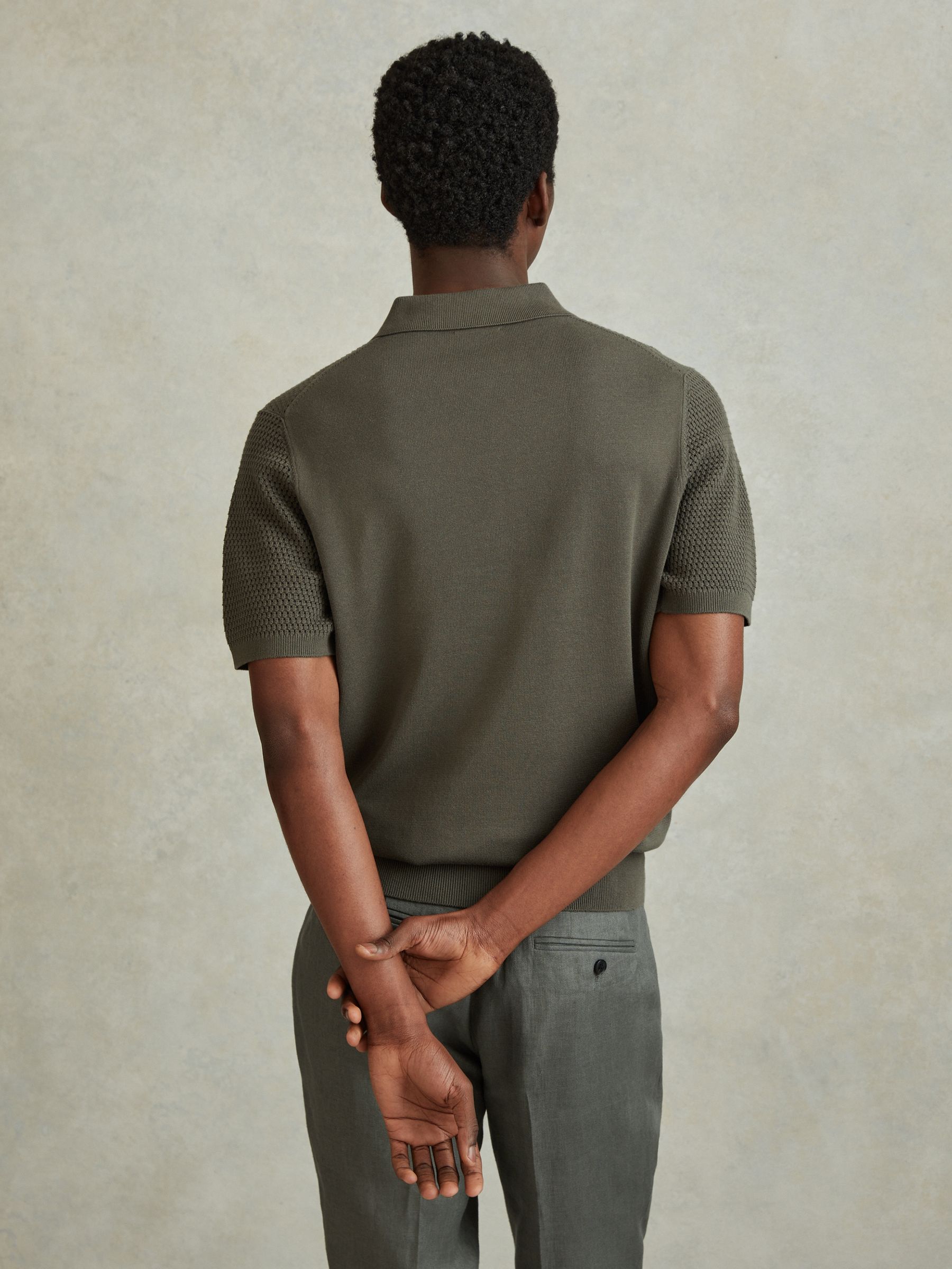 Cotton Blend Textured Half-Zip Polo Shirt in Dark Sage - Image 5 of 6
