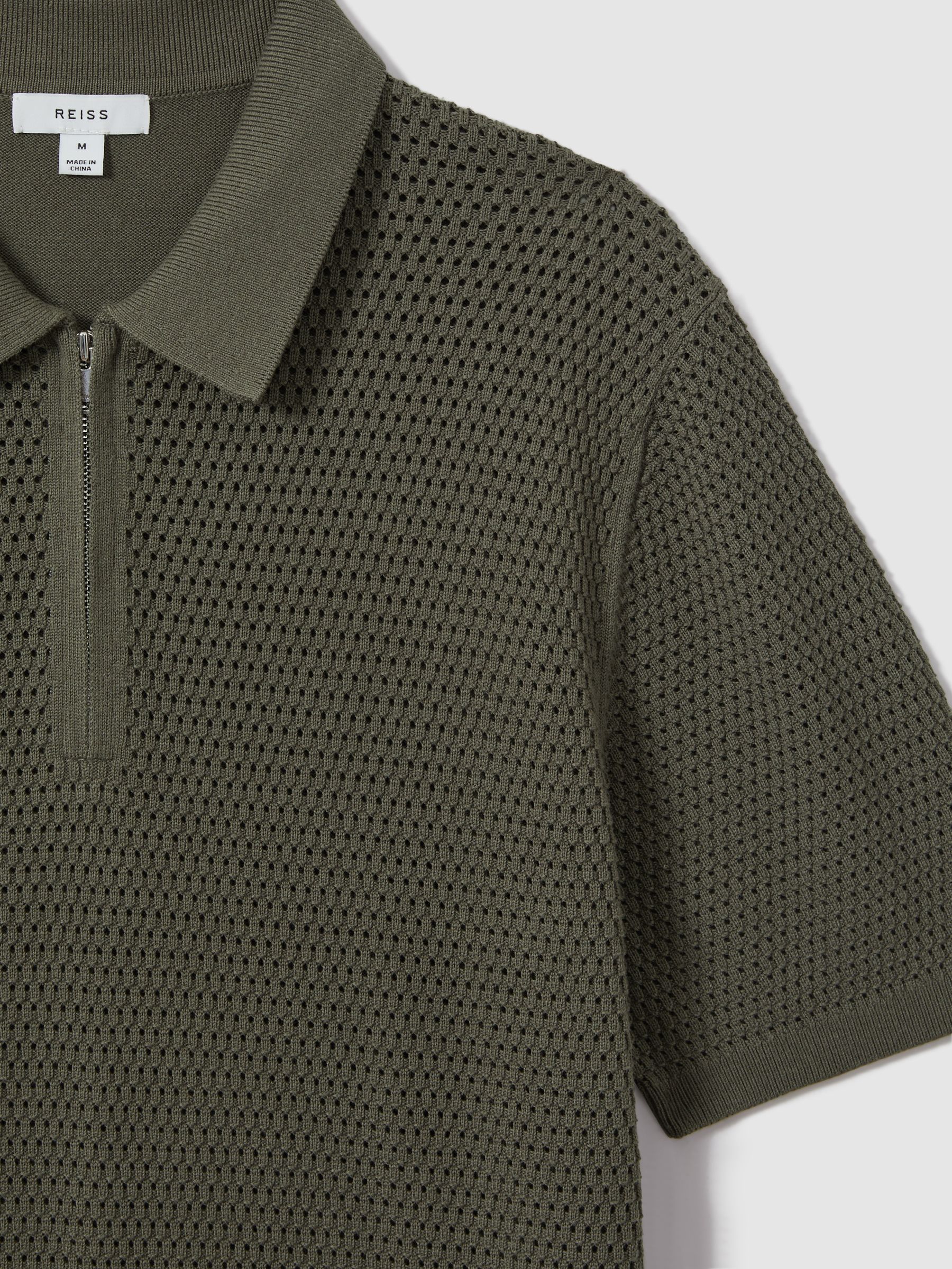 Cotton Blend Textured Half-Zip Polo Shirt in Dark Sage - Image 6 of 6