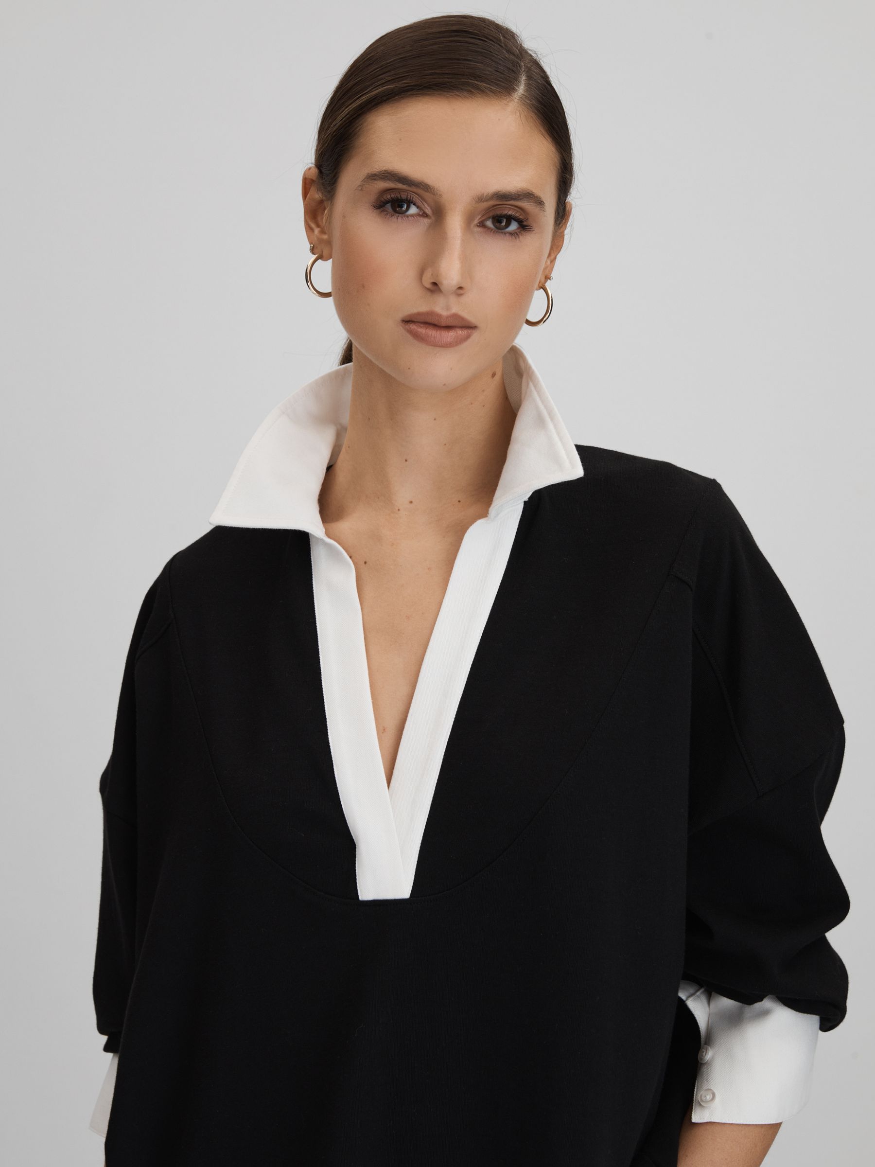 Oversized Cotton Open Collar Jumper in Black/White - Image 1 of 7