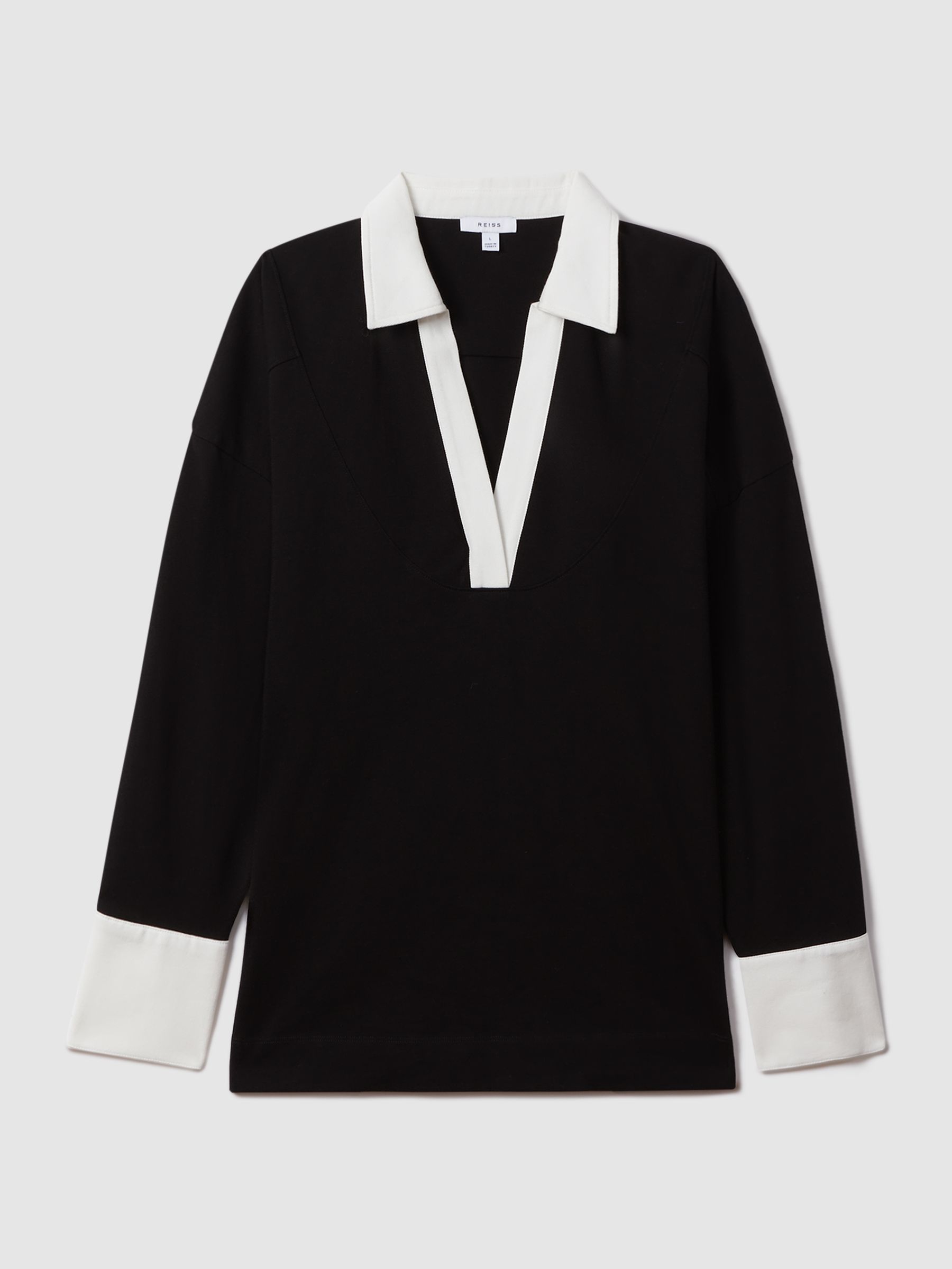 Oversized Cotton Open Collar Jumper in Black/White - Image 2 of 7