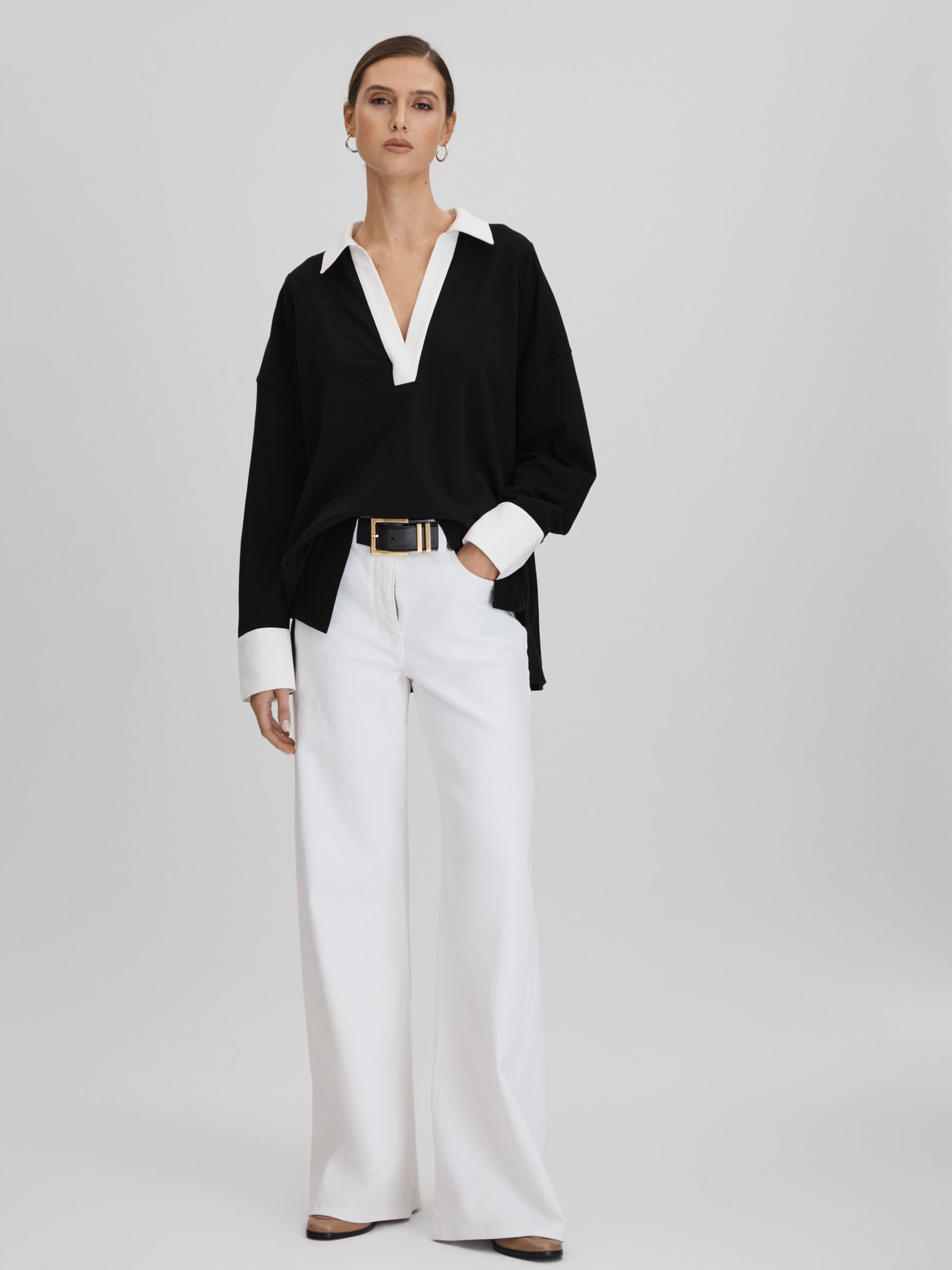 Oversized Cotton Open Collar Jumper in Black/White - Image 3 of 7