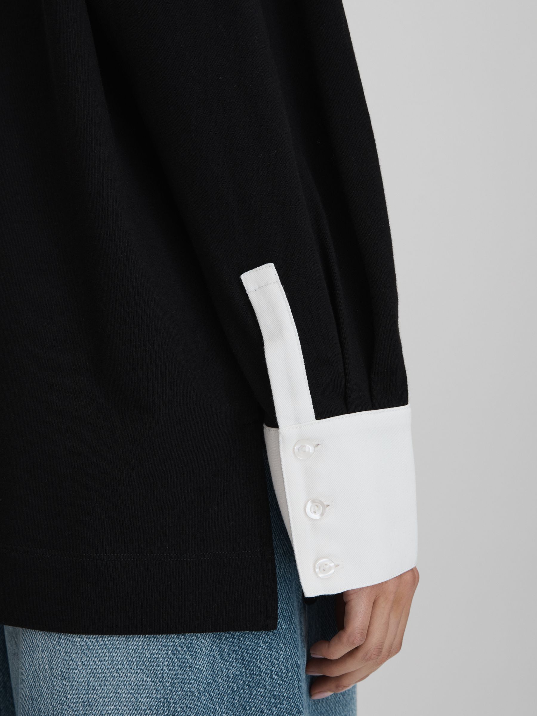 Oversized Cotton Open Collar Jumper in Black/White - Image 4 of 7