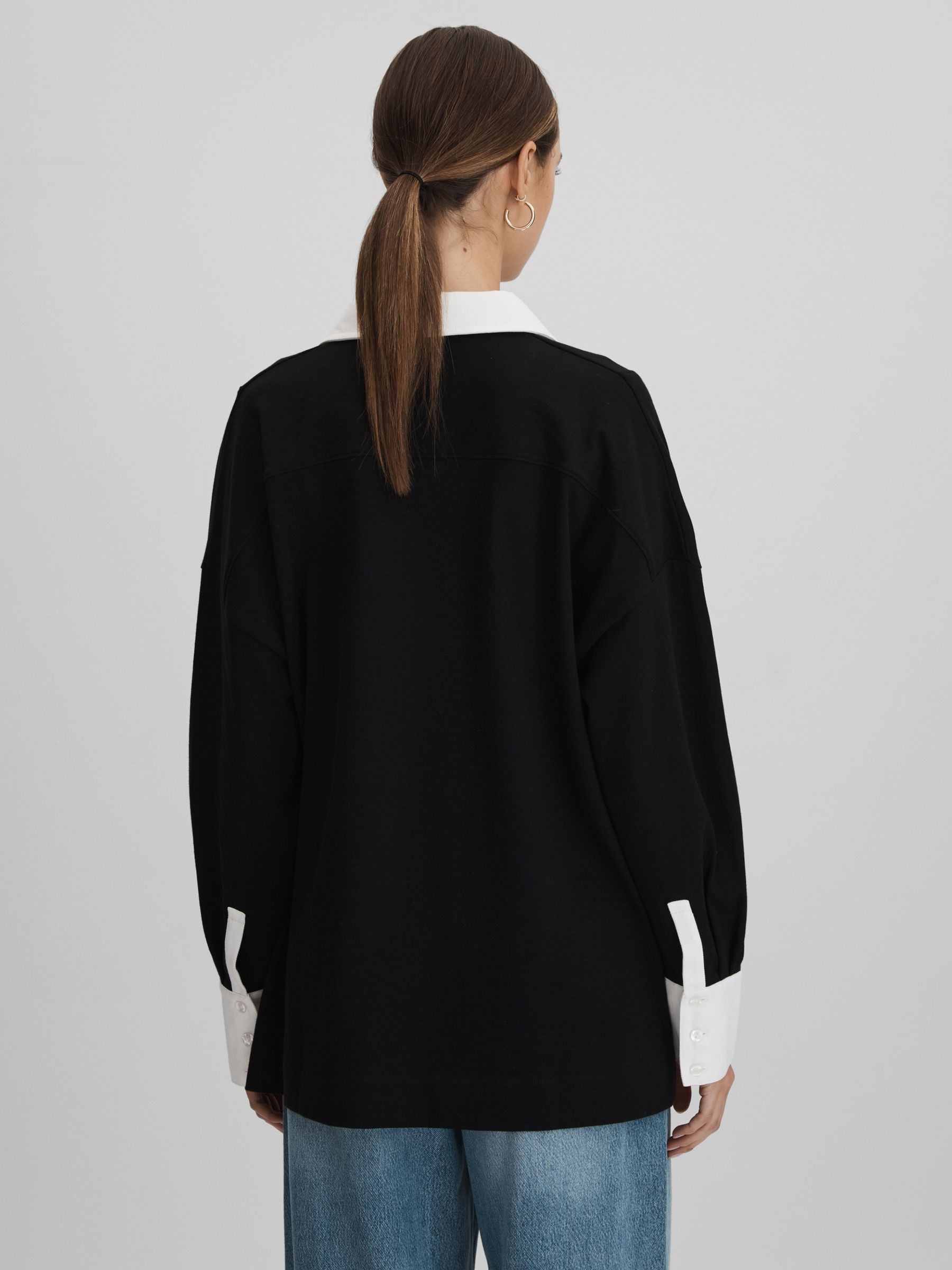 Oversized Cotton Open Collar Jumper in Black/White - Image 5 of 7