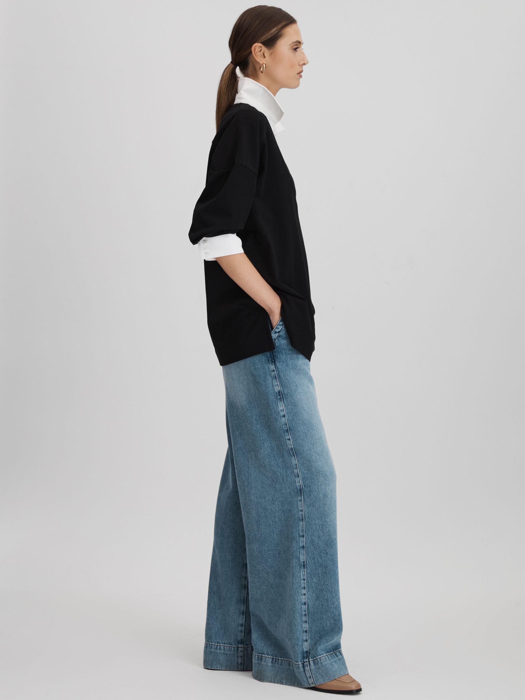 Oversized Cotton Open Collar Jumper in Black/White - Image 6 of 7