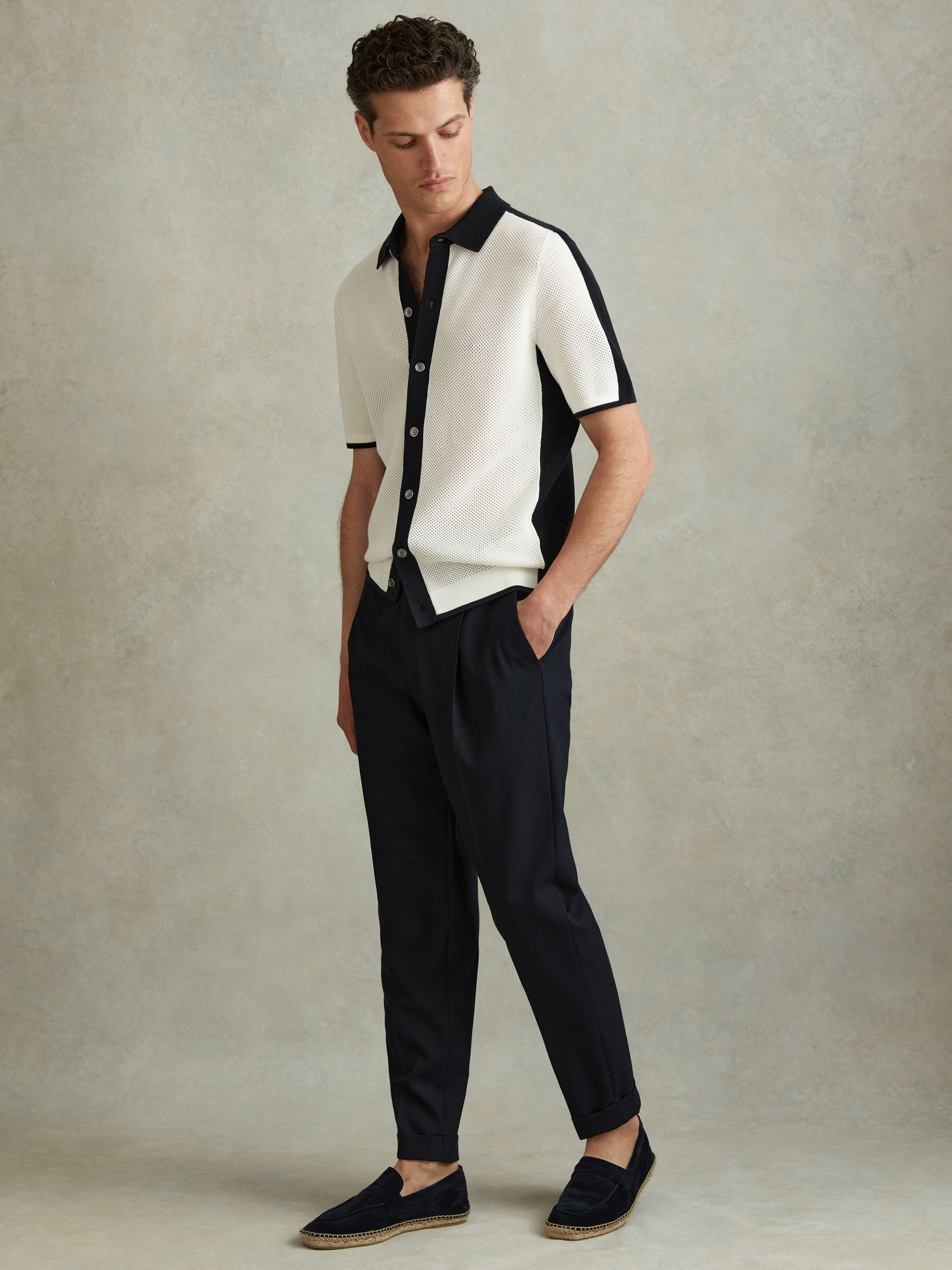 Cotton Blend Open Stitch Shirt in Navy/Optic White - Image 3 of 5