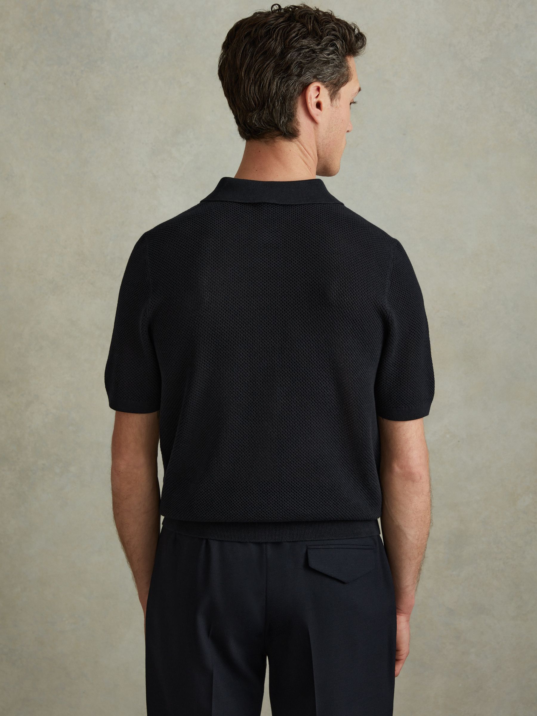 Cotton Blend Open Stitch Shirt in Navy/Optic White - Image 4 of 5