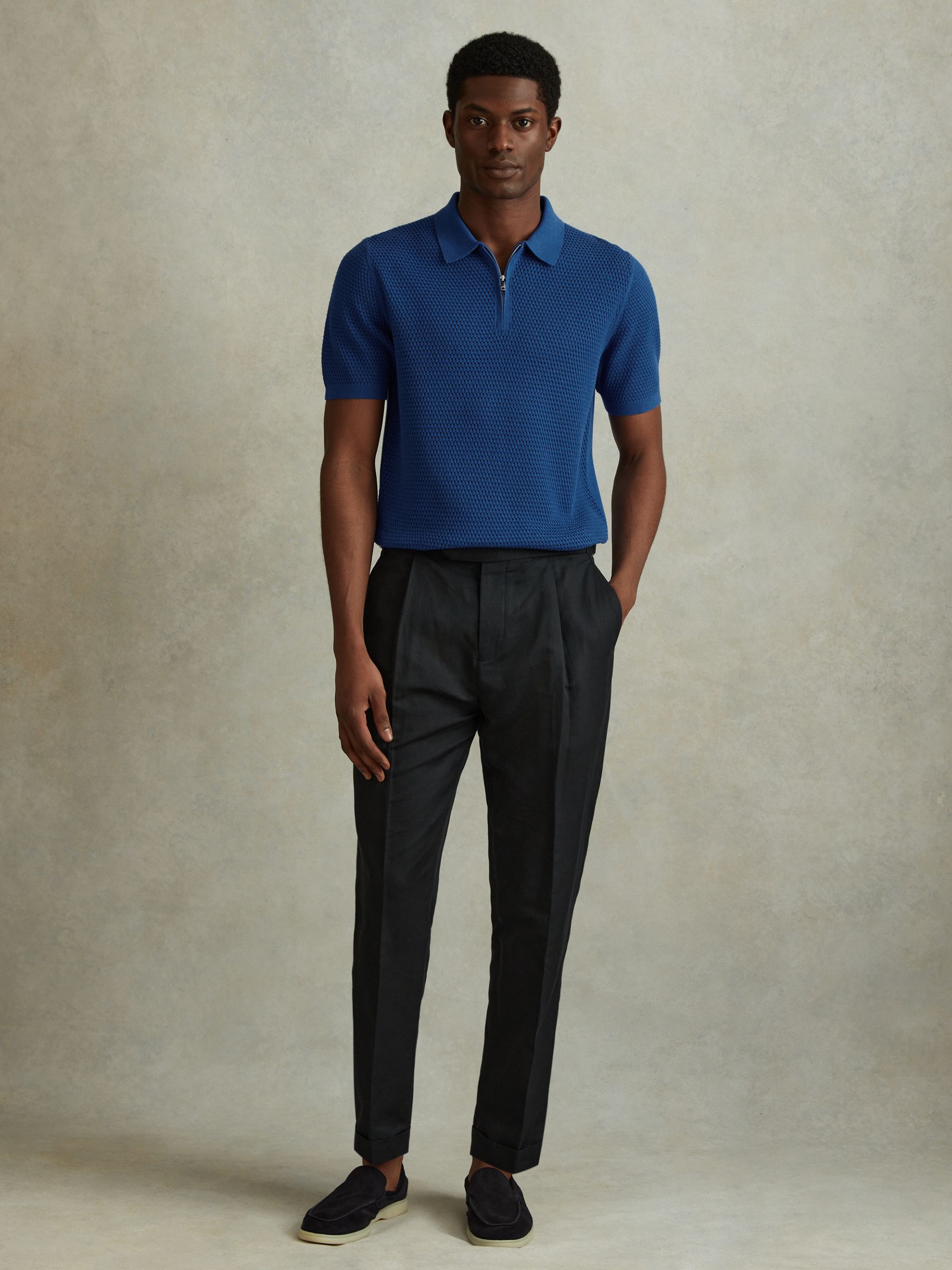 Cotton Blend Textured Half Zip Polo Shirt in Bright Blue - Image 3 of 6