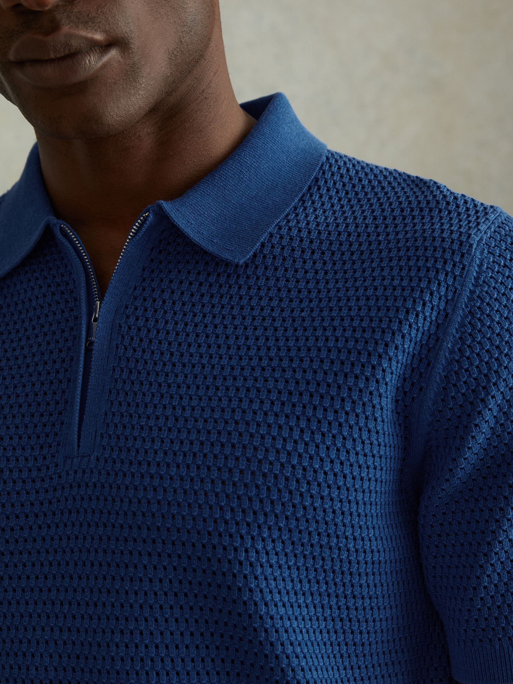 Cotton Blend Textured Half Zip Polo Shirt in Bright Blue - Image 4 of 6