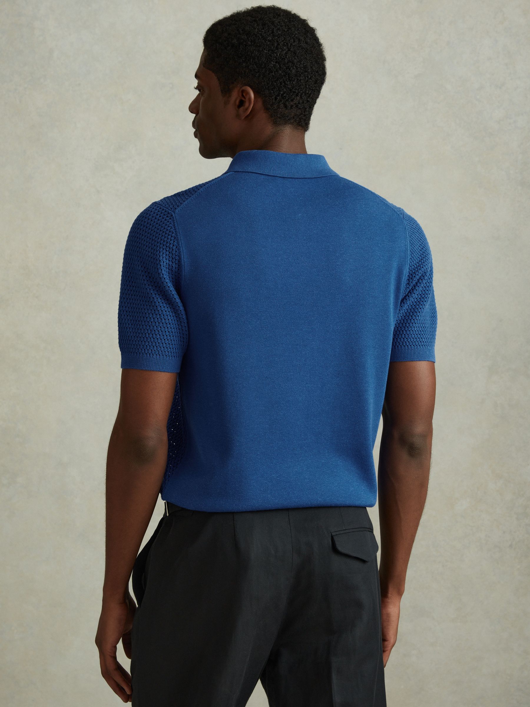Cotton Blend Textured Half Zip Polo Shirt in Bright Blue - Image 5 of 6