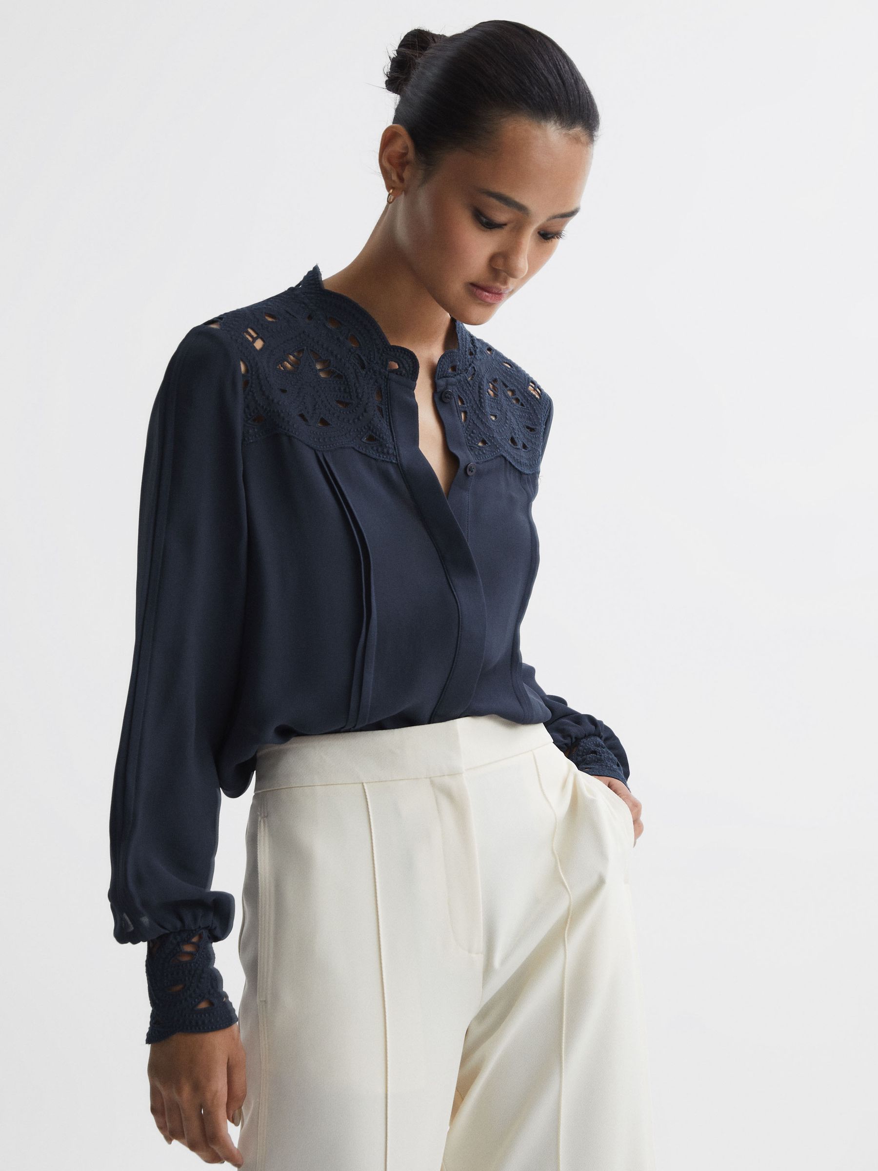 Lace Cut-Out Blouse in Navy - Image 1 of 5
