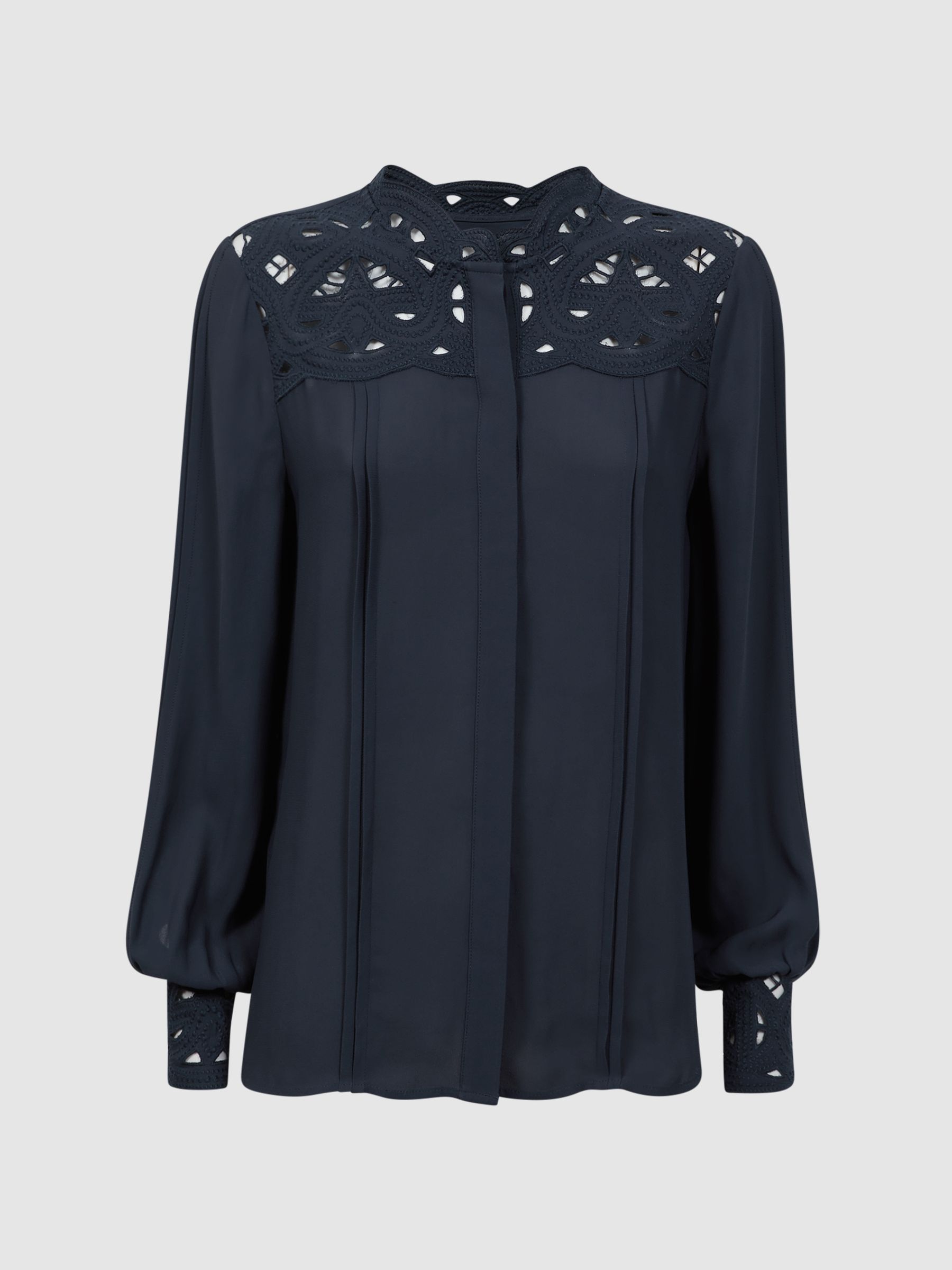 Lace Cut-Out Blouse in Navy - Image 2 of 5 Lace Cut-Out Blouse in Navy - Image 2 of 5