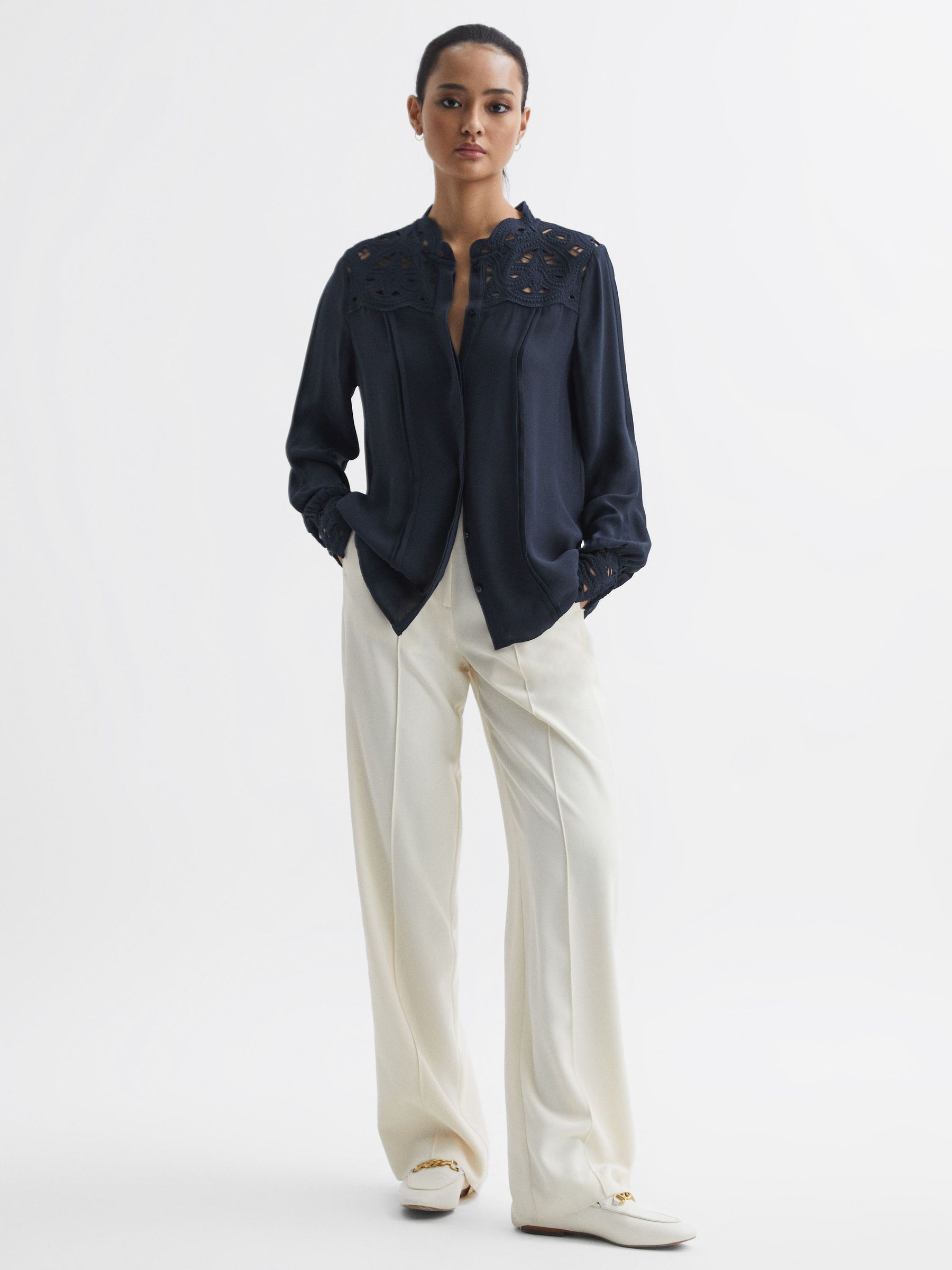 Lace Cut-Out Blouse in Navy - Image 3 of 5