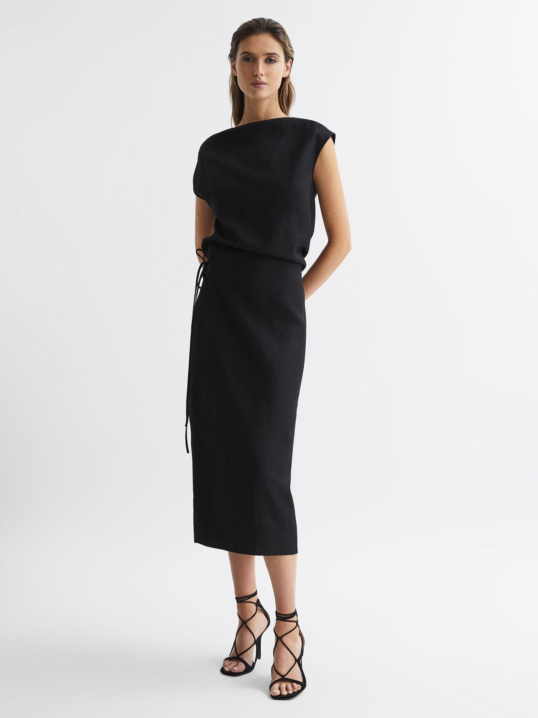 Premium Linen Blend Open-Back Midi Dress in Black - Image 3 of 5