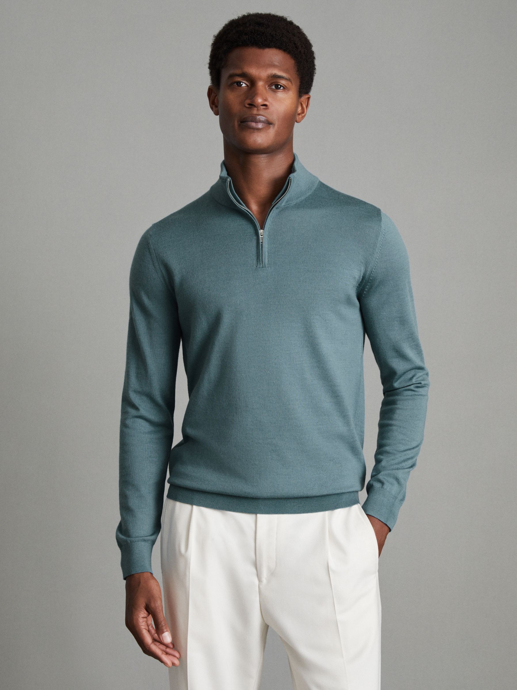 Merino Wool Half-Zip Funnel Neck Jumper in Ocean Green - Image 1 of 6