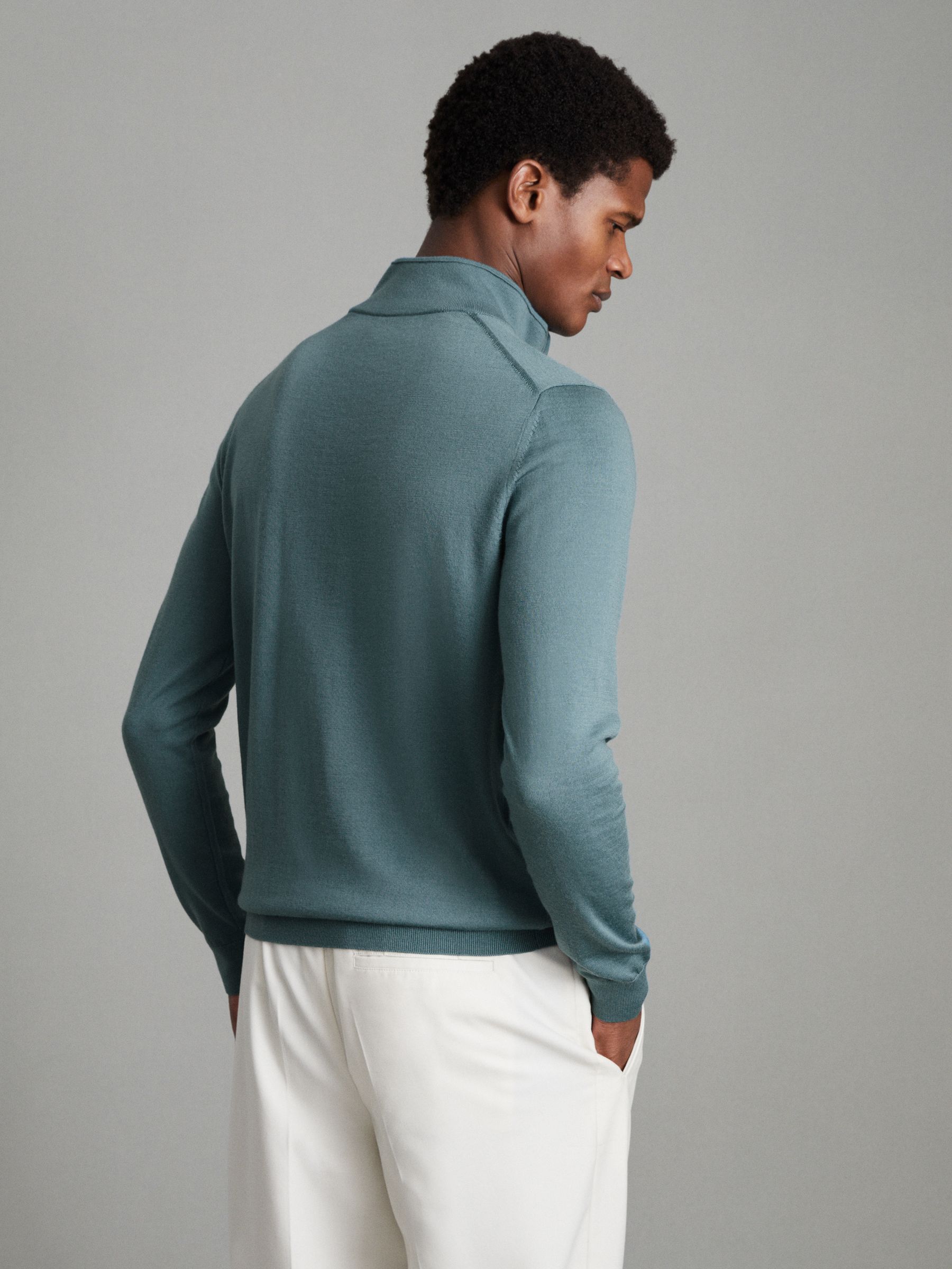 Merino Wool Half-Zip Funnel Neck Jumper in Ocean Green - Image 4 of 6