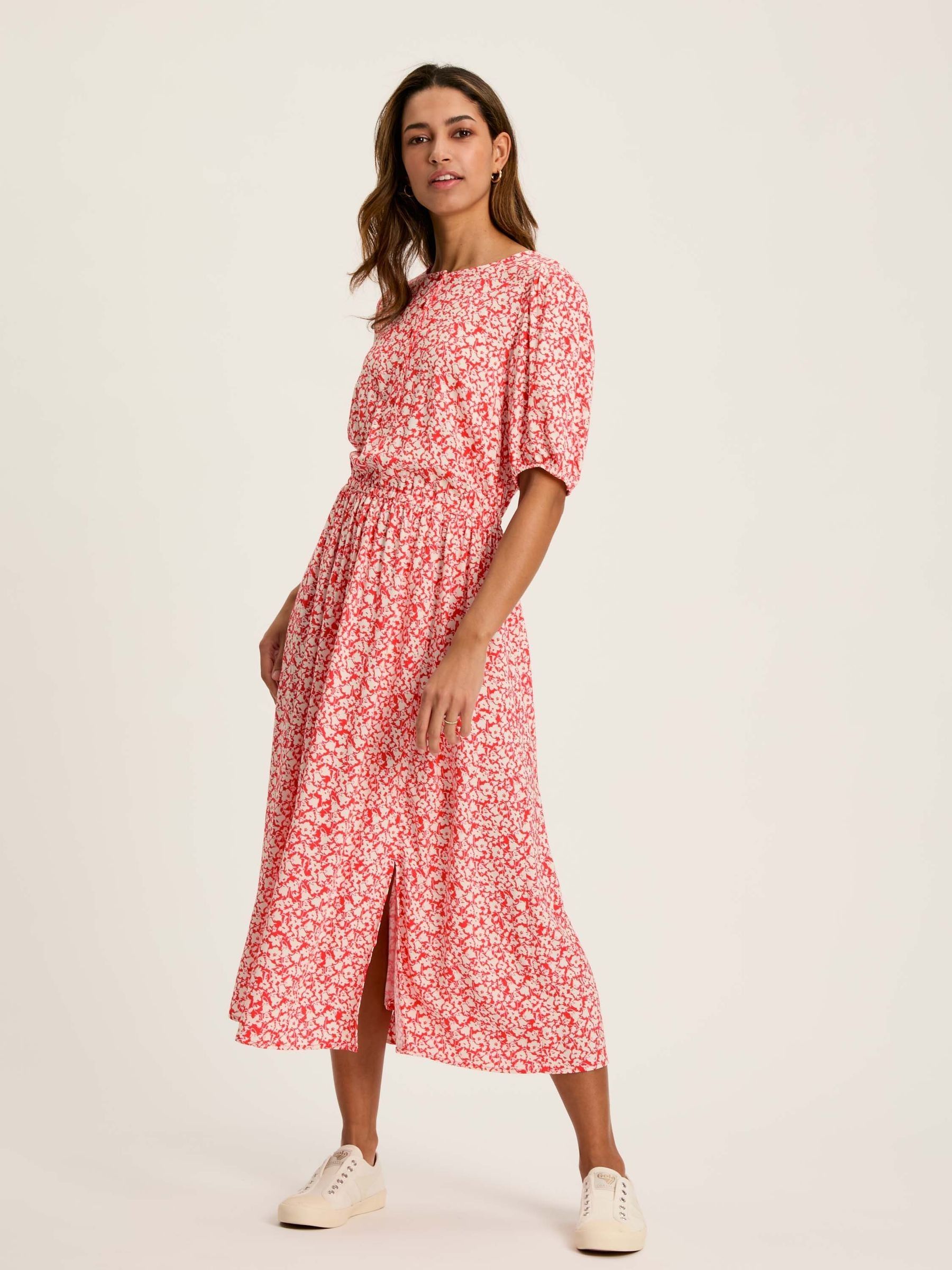 Adele Red Floral Button Down Midi Dress with Slit Joules