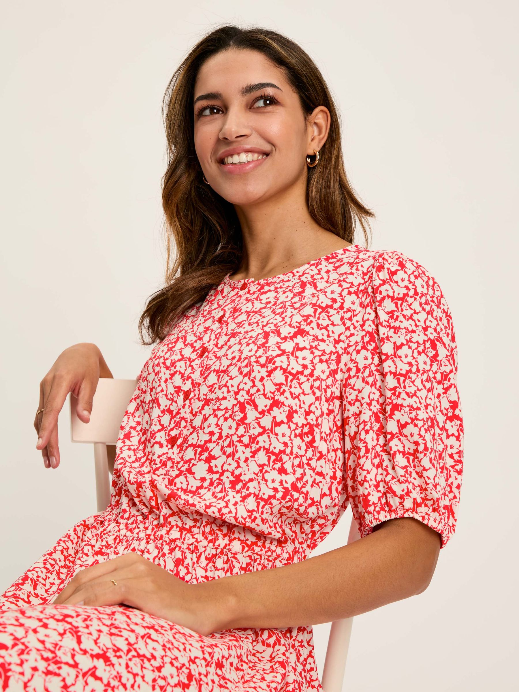 Adele Red Floral Button Down Midi Dress with Slit - Image 3 of 7
