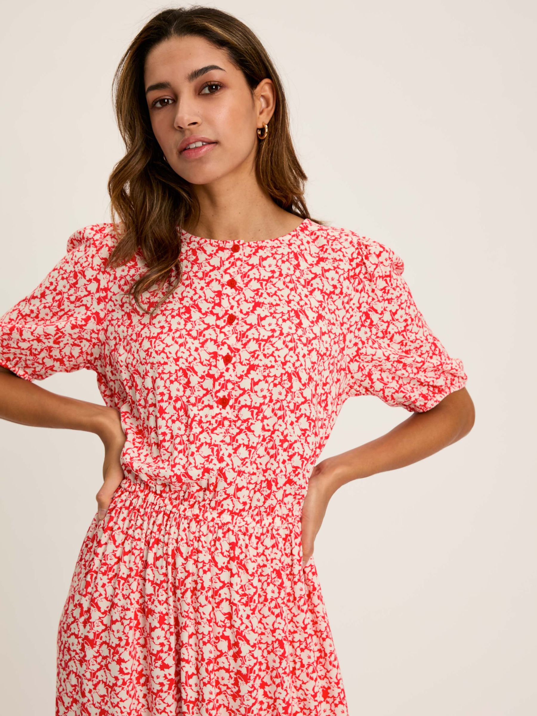 Adele Red Floral Button Down Midi Dress with Slit - Image 4 of 7