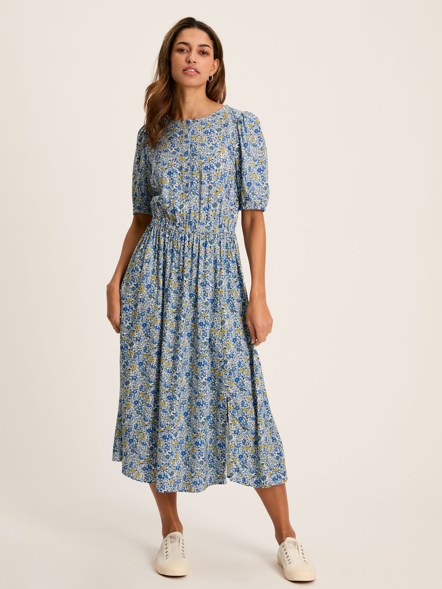 Adele Blue Floral Button Down Midi Dress with Slit | Joules Adele Blue Floral Button Down Midi Dress with Slit | Joules