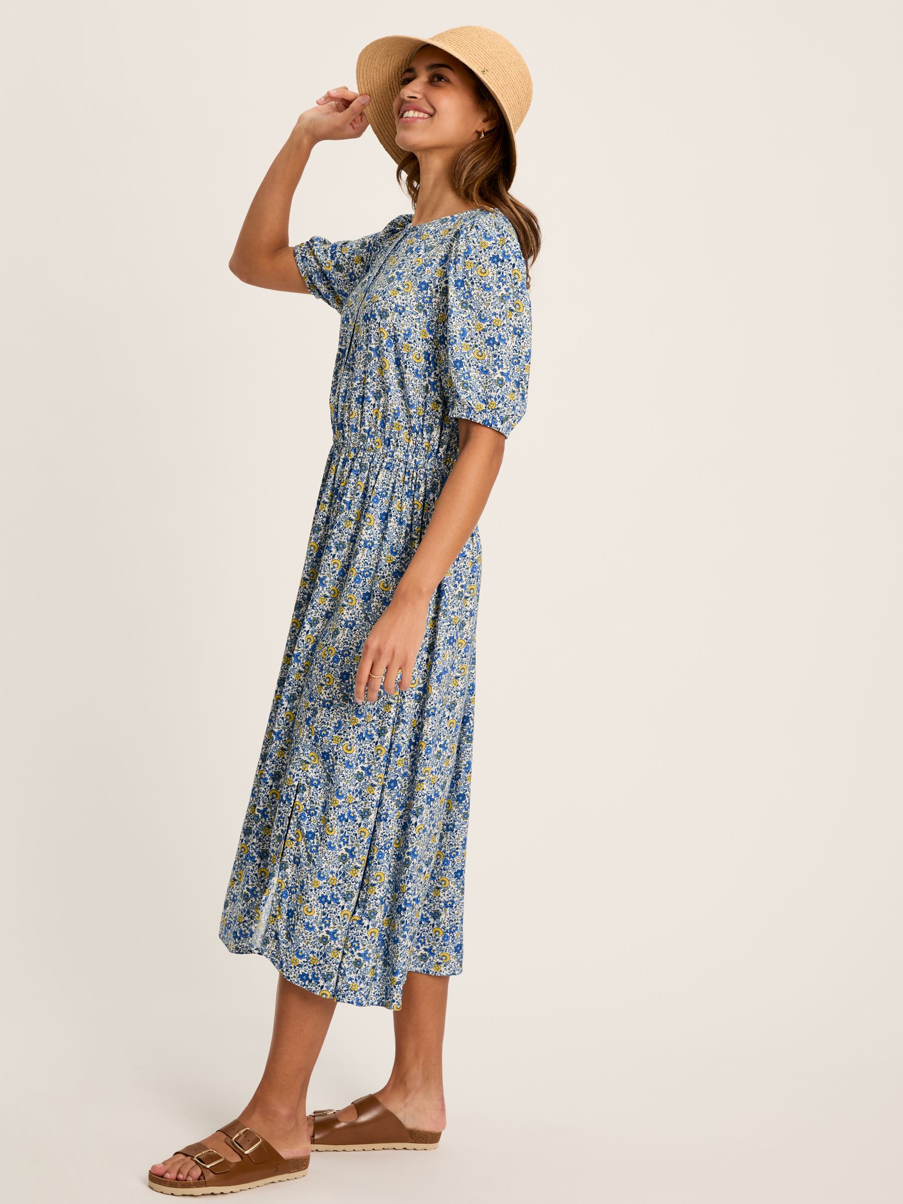Adele Blue Floral Button Down Midi Dress with Slit - Image 3 of 6
