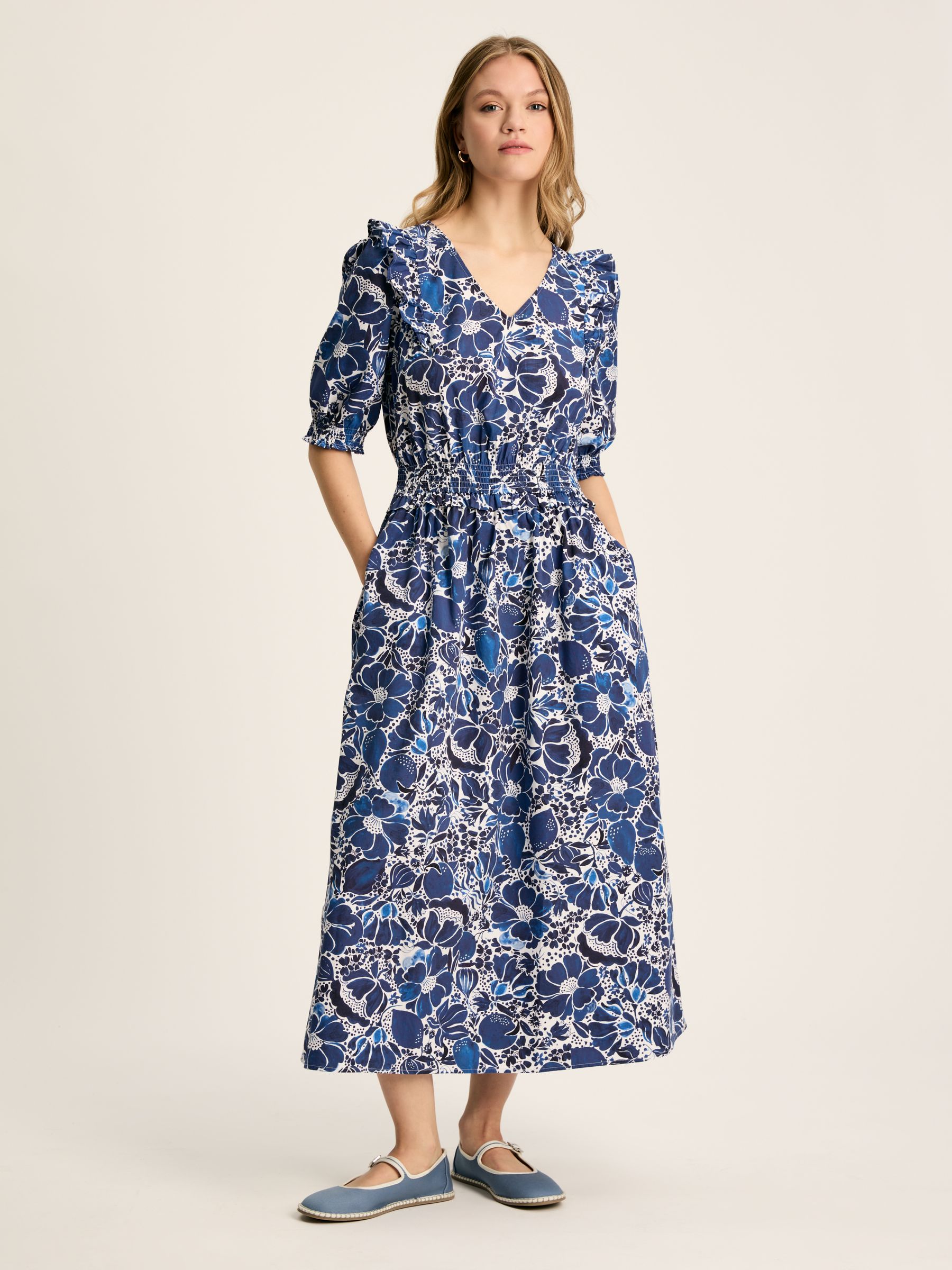 Rosalie Blue & White V-Neck Frill Dress - Image 1 of 7