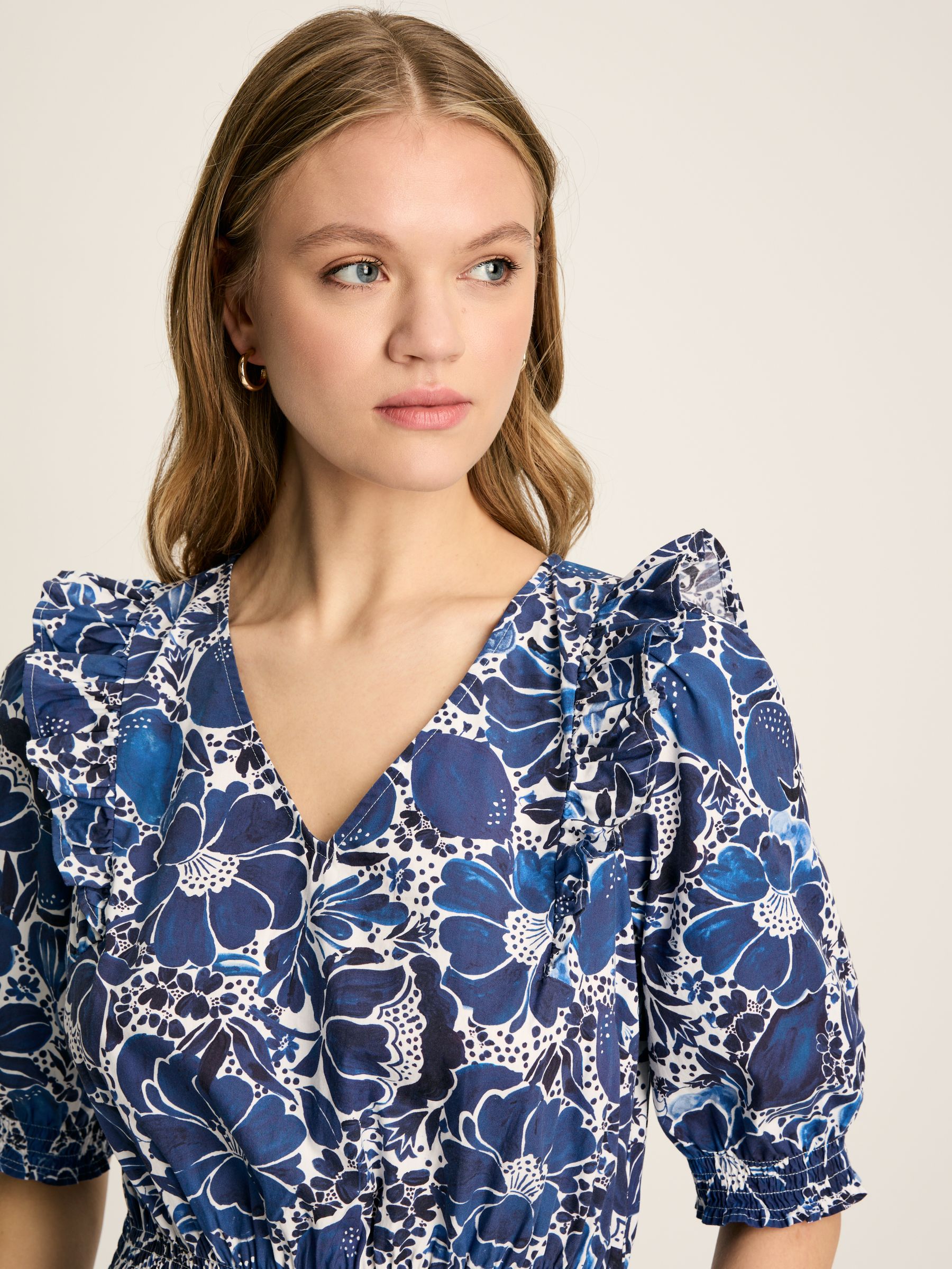 Rosalie Blue & White V-Neck Frill Dress - Image 4 of 7