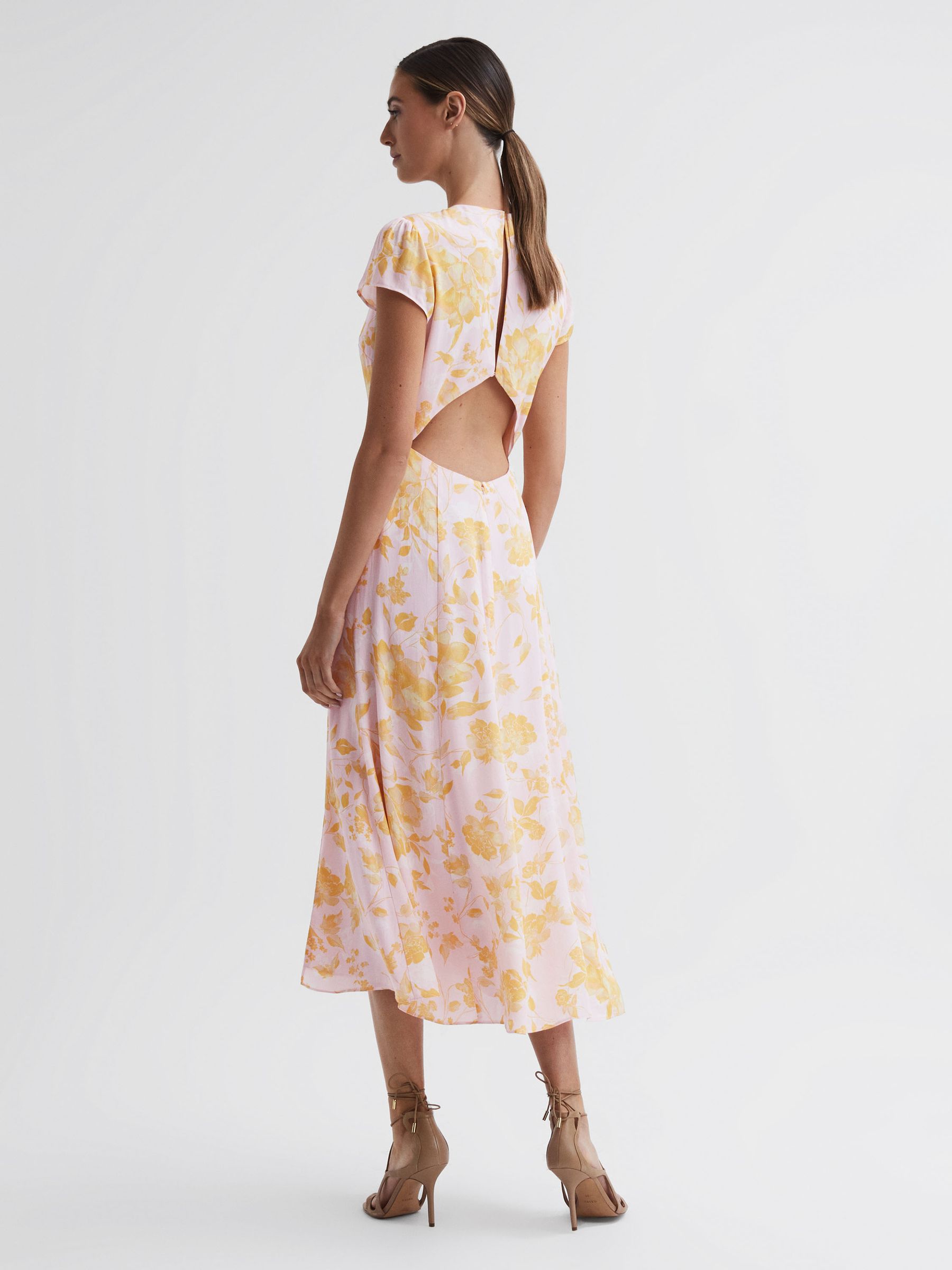 Floral Cut-Out Back Midi Dress in Pink/Yellow - Image 4 of 4