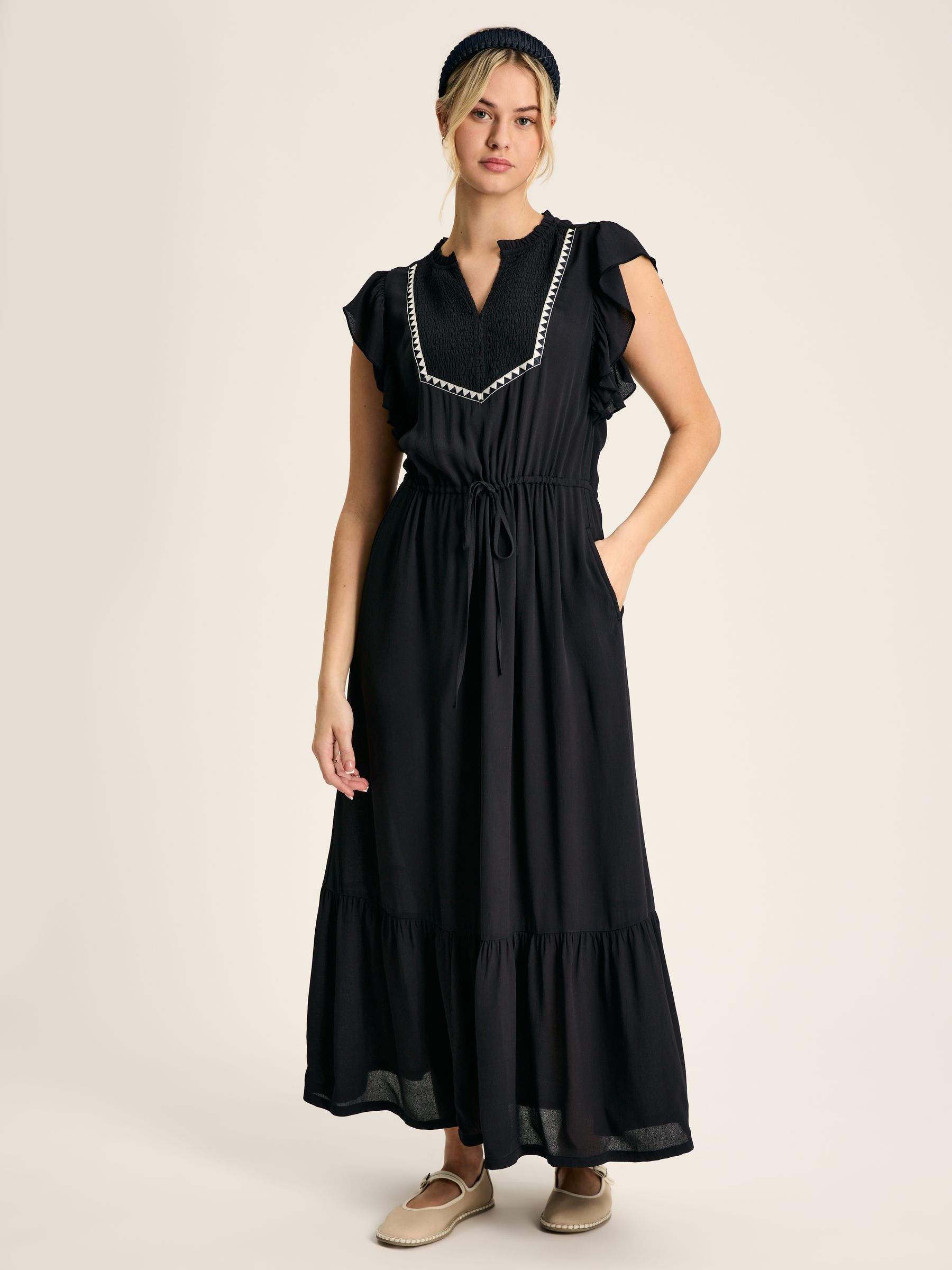navy blue tiered dress Barcelona Tiered Midi Dress - Navy Trim main image 0
