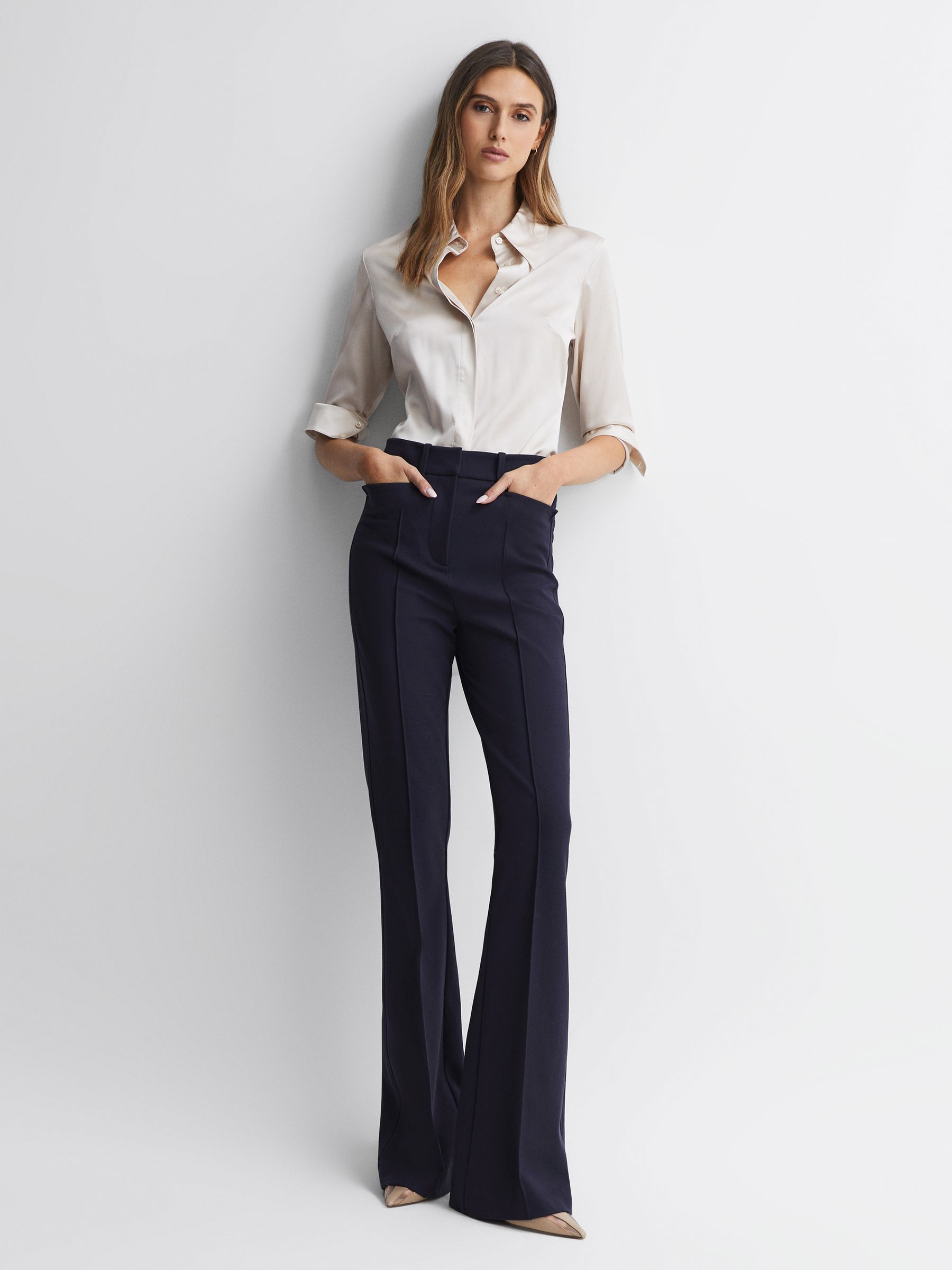 Flared High Rise Trousers in Navy - Image 6 of 9