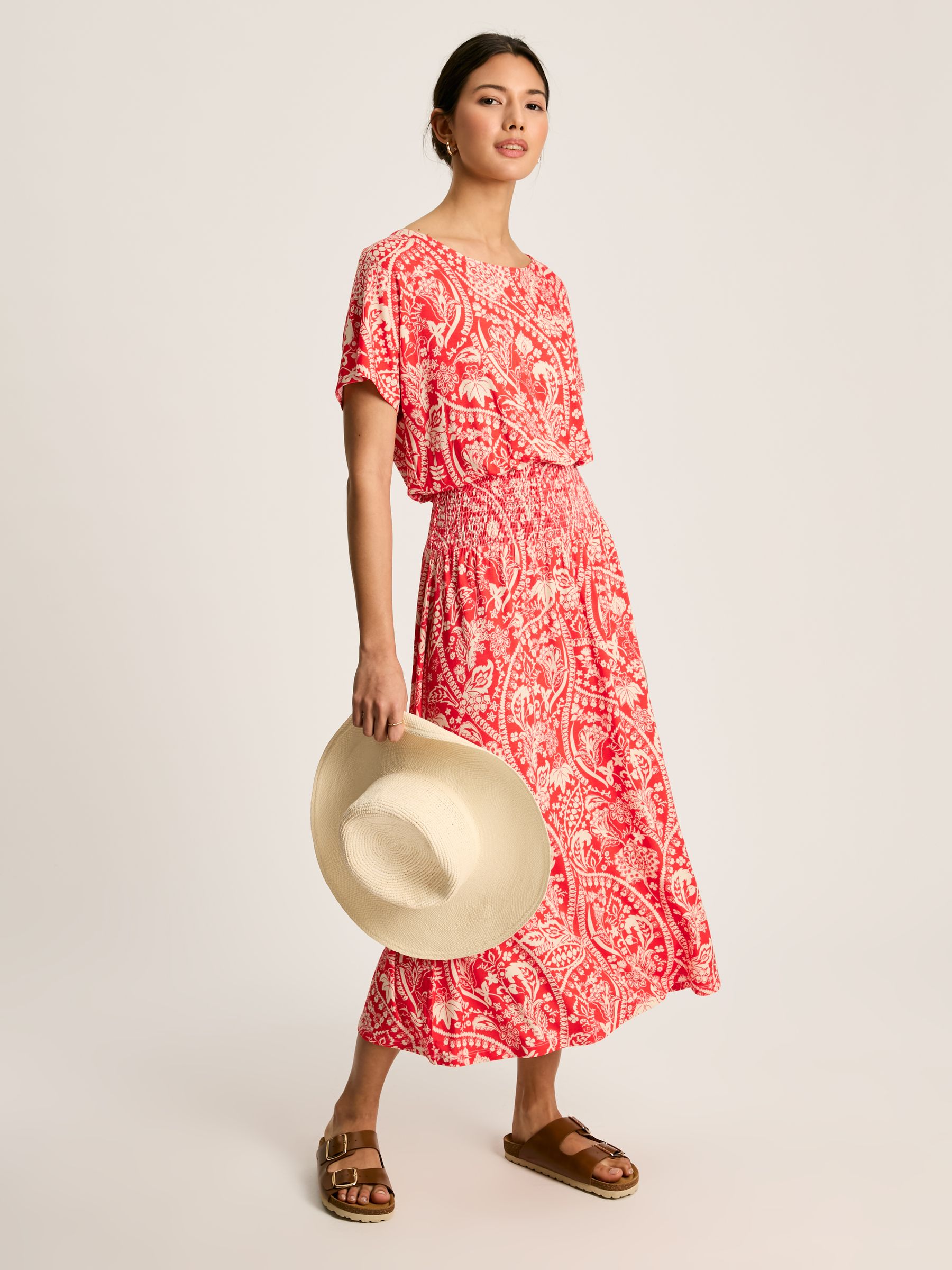 Emmeline Red Paisley Short Sleeve Midi Dress | Joules