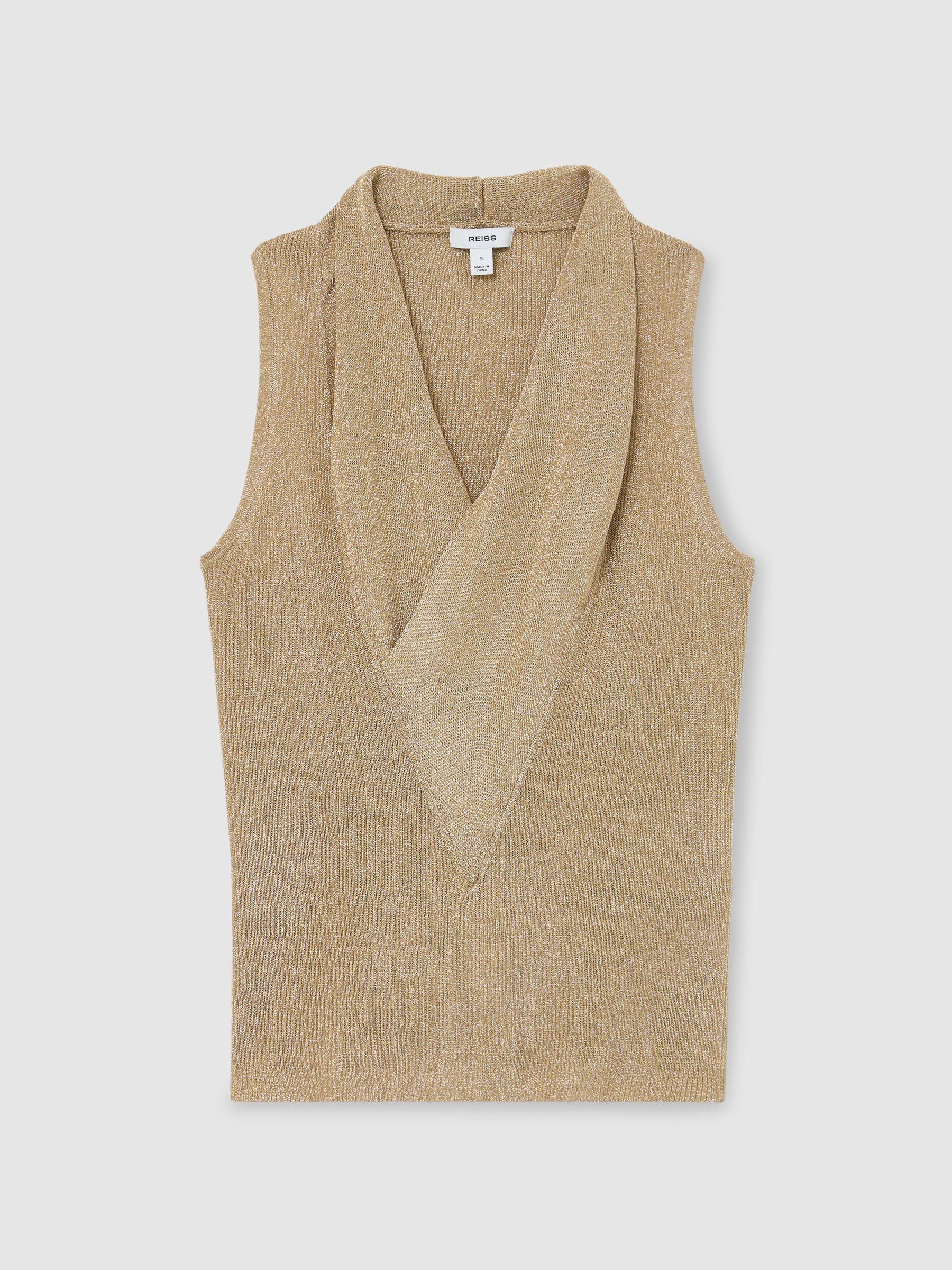 Metallic-Knit Cowl-Neck Sleeveless Top in Gold - Image 2 of 6