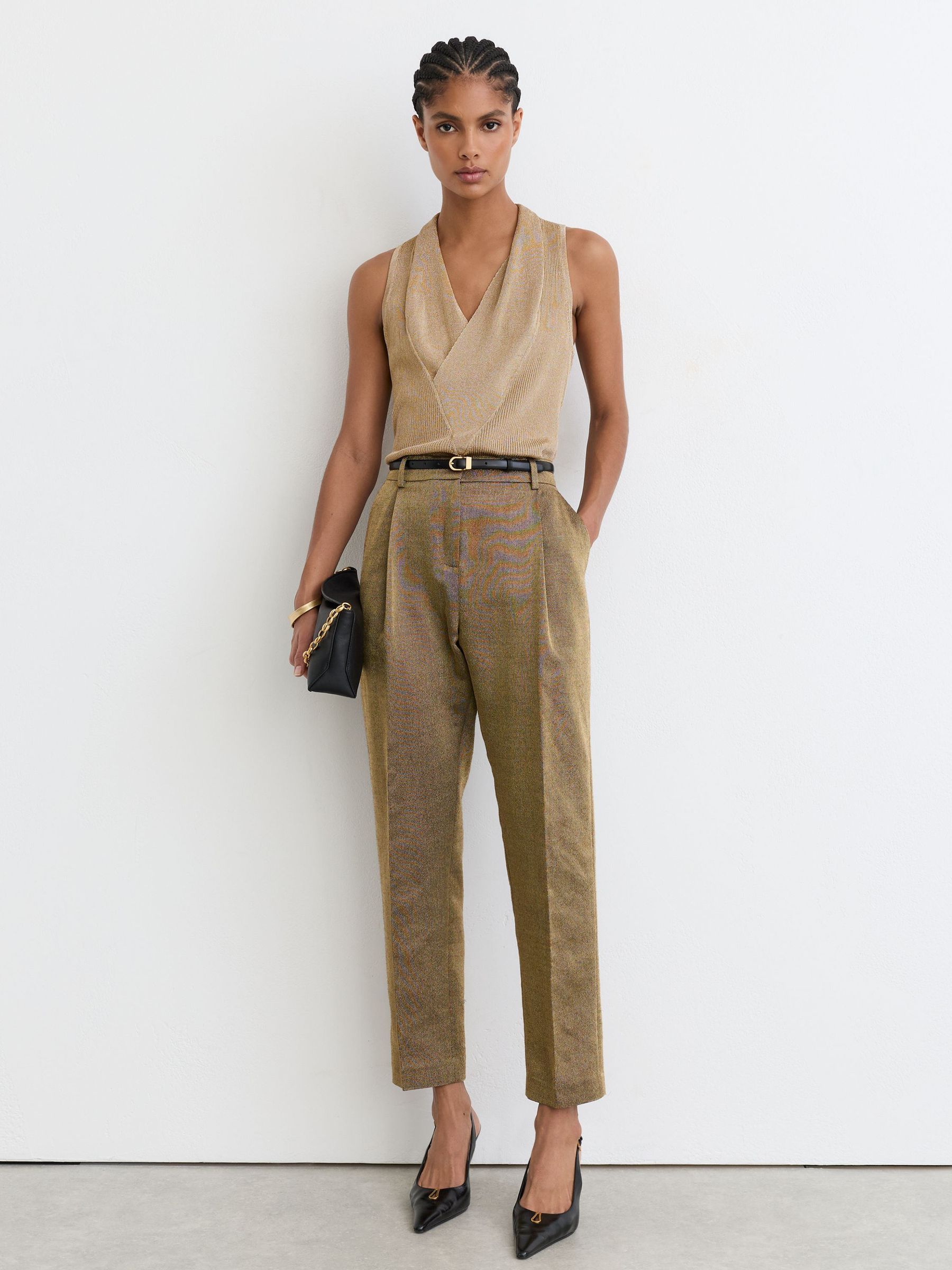 Metallic-Knit Cowl-Neck Sleeveless Top in Gold - Image 3 of 6