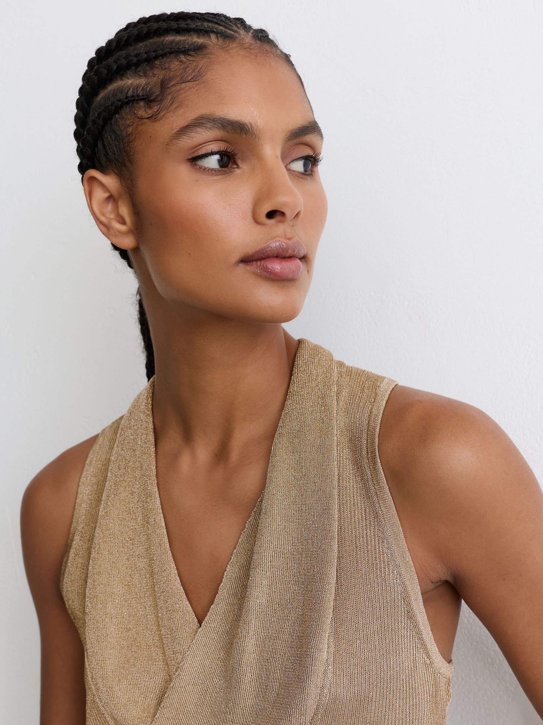 Metallic-Knit Cowl-Neck Sleeveless Top in Gold - Image 4 of 6
