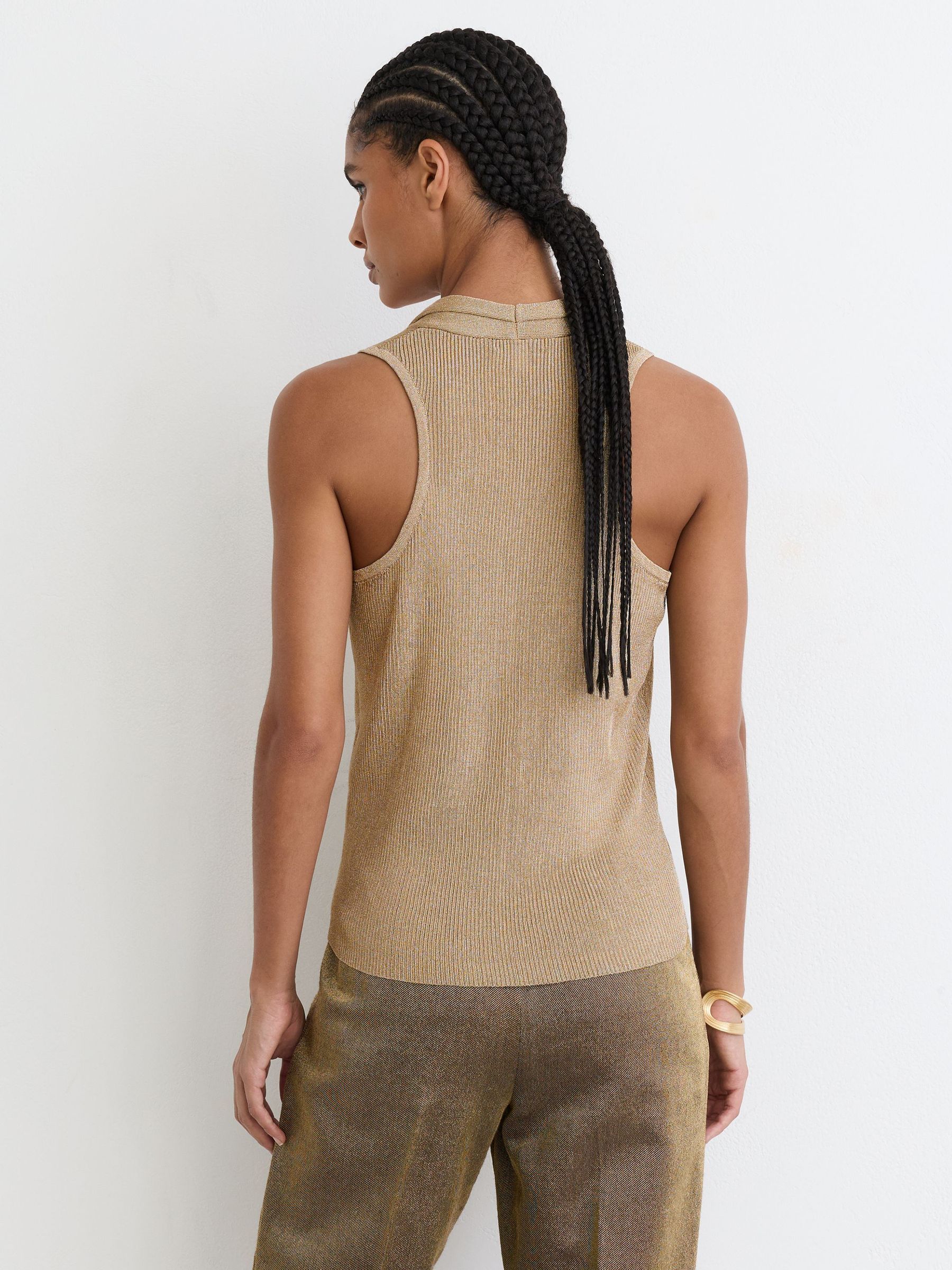 Metallic-Knit Cowl-Neck Sleeveless Top in Gold - Image 5 of 6