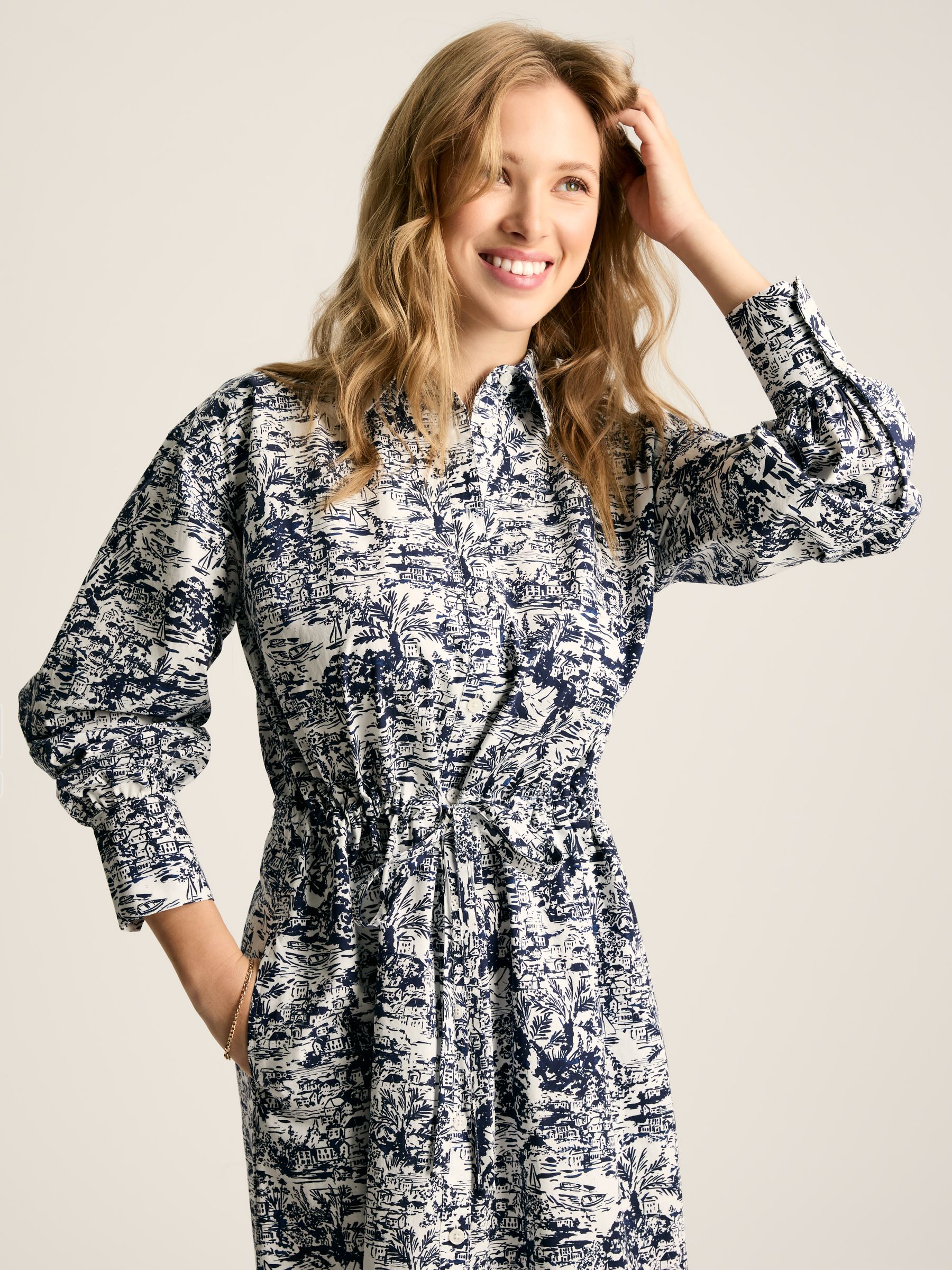 Francesca Blue/White Tie Waist Shirt Dress - Image 3 of 7