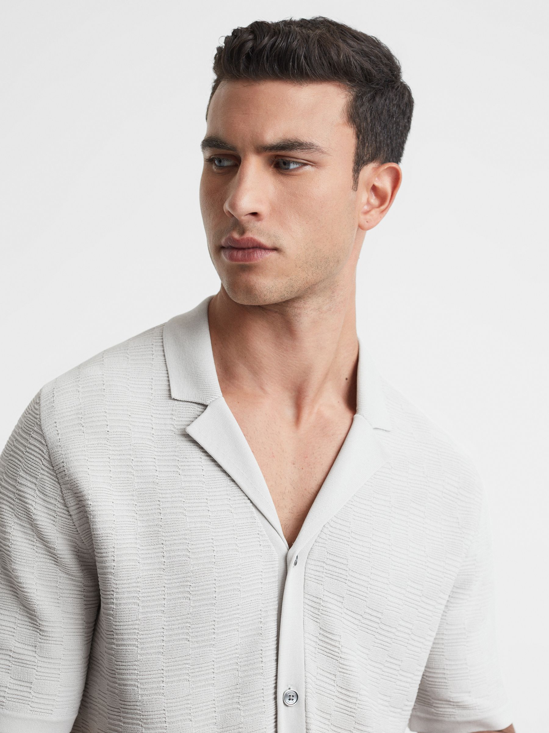 Textured Cuban Collar Button-Through Shirt in Ice Grey - Image 1 of 5