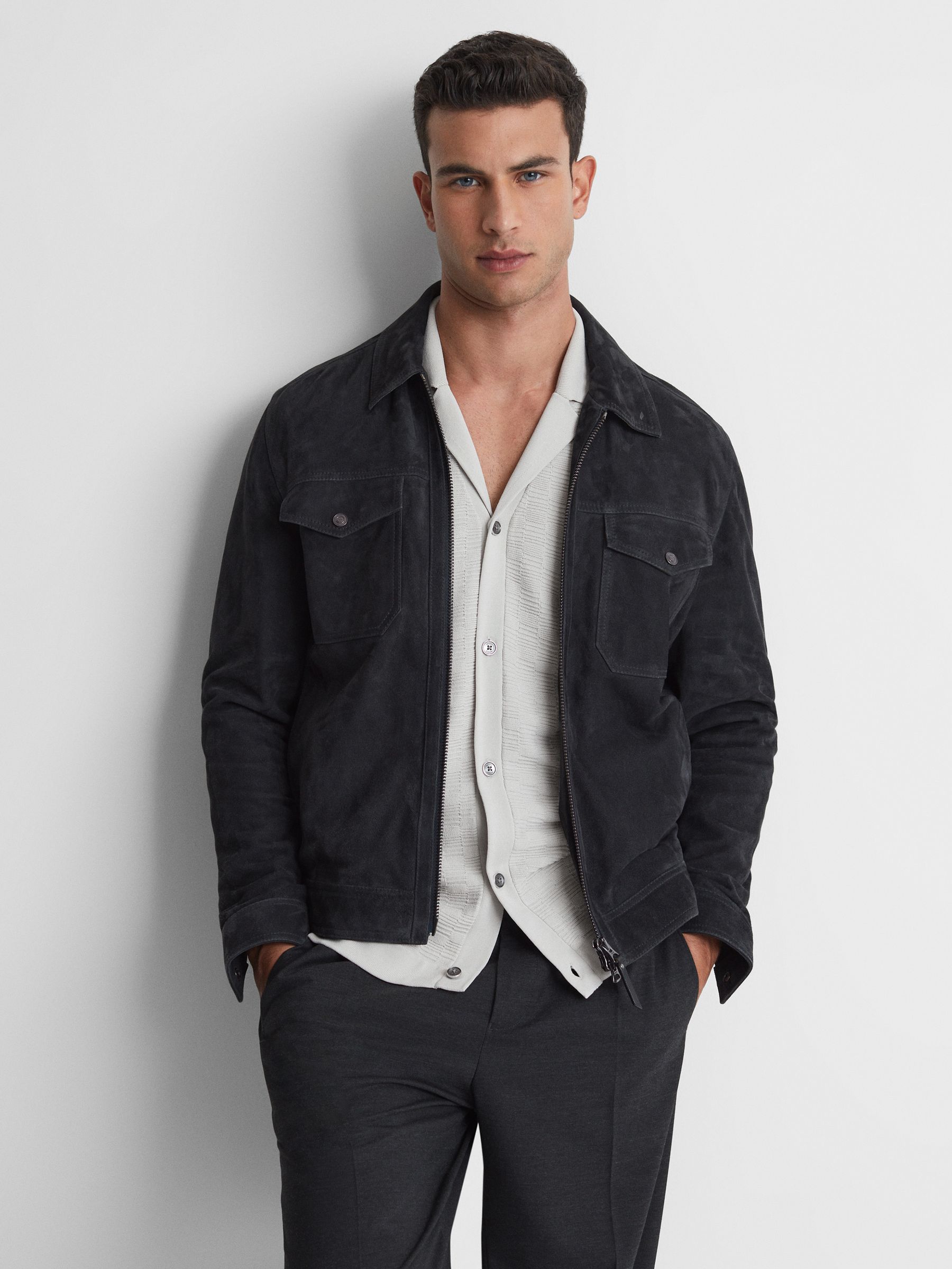 Textured Cuban Collar Button-Through Shirt in Ice Grey - Image 3 of 5