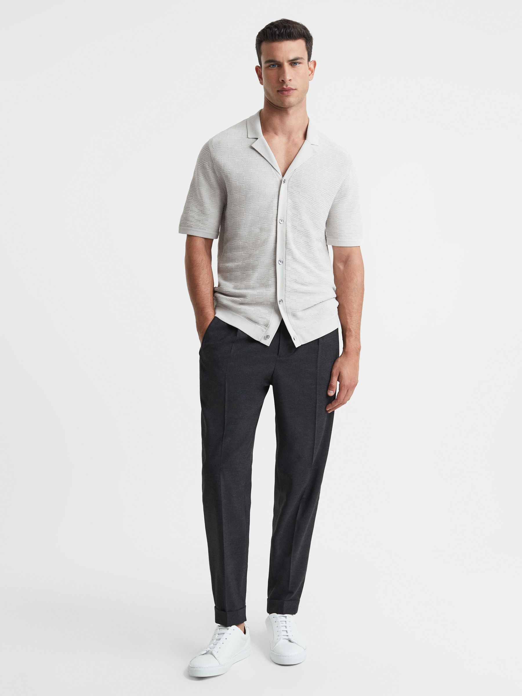 Textured Cuban Collar Button-Through Shirt in Ice Grey - Image 4 of 5