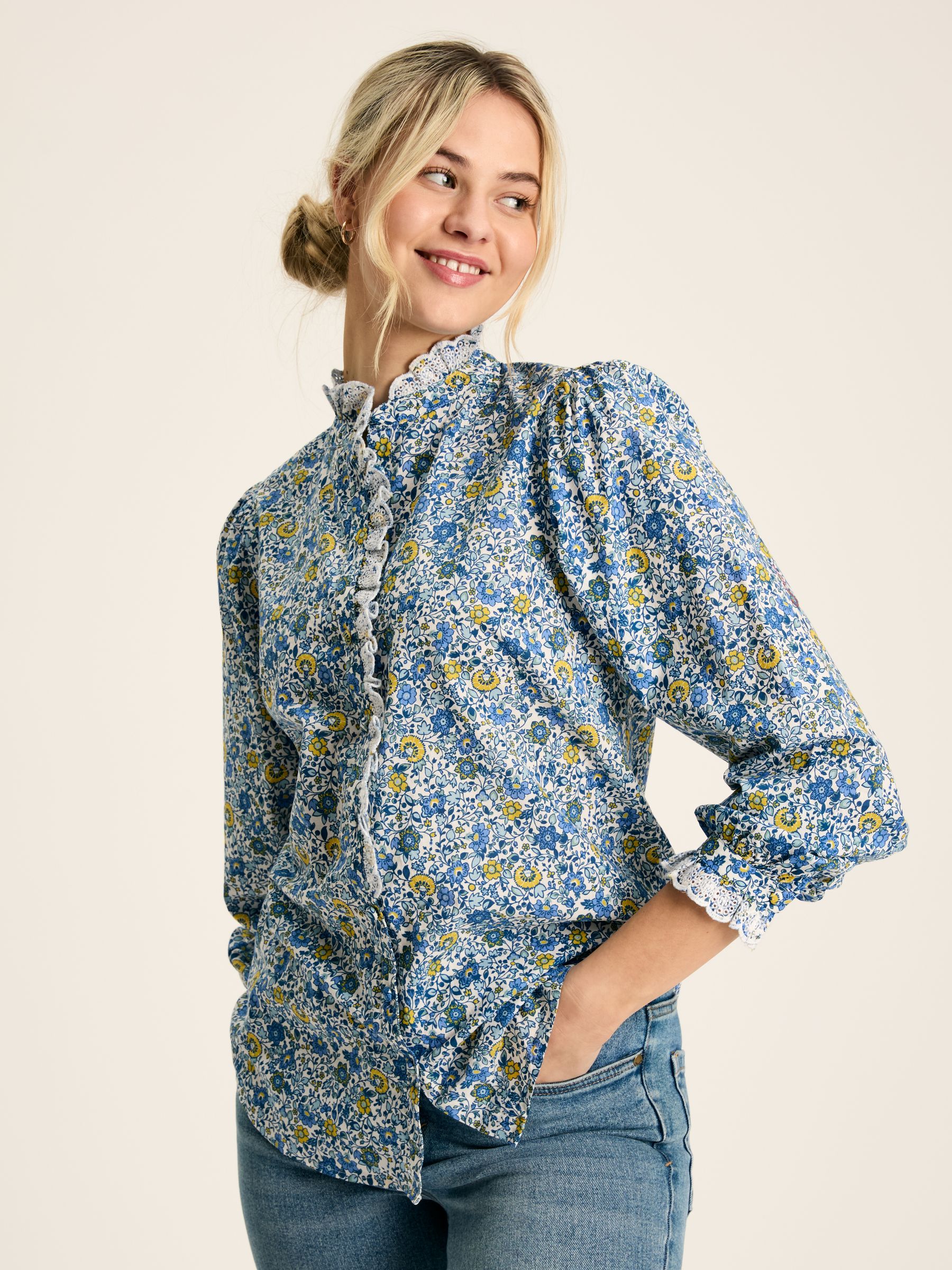 Valentina Blue/White Broderie Trim Blouse - Image 1 of 6