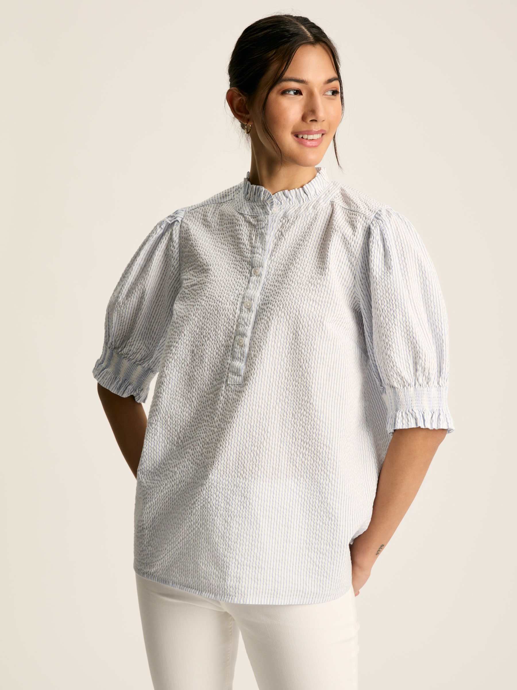 Elle Blue & White Striped Frill Blouse | Joules