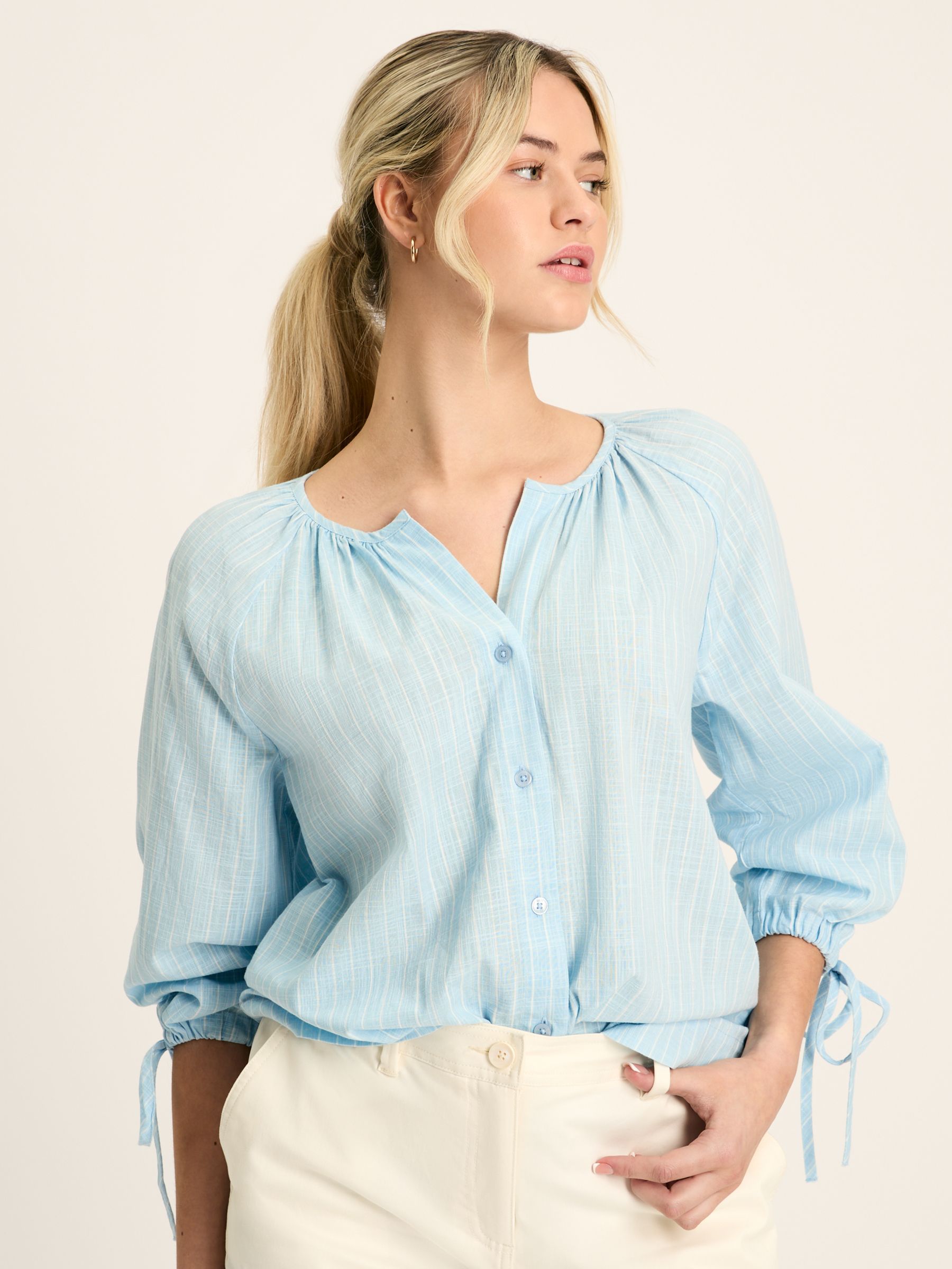 Sylvie Blue/White Tie Cuff Blouse - Image 1 of 5