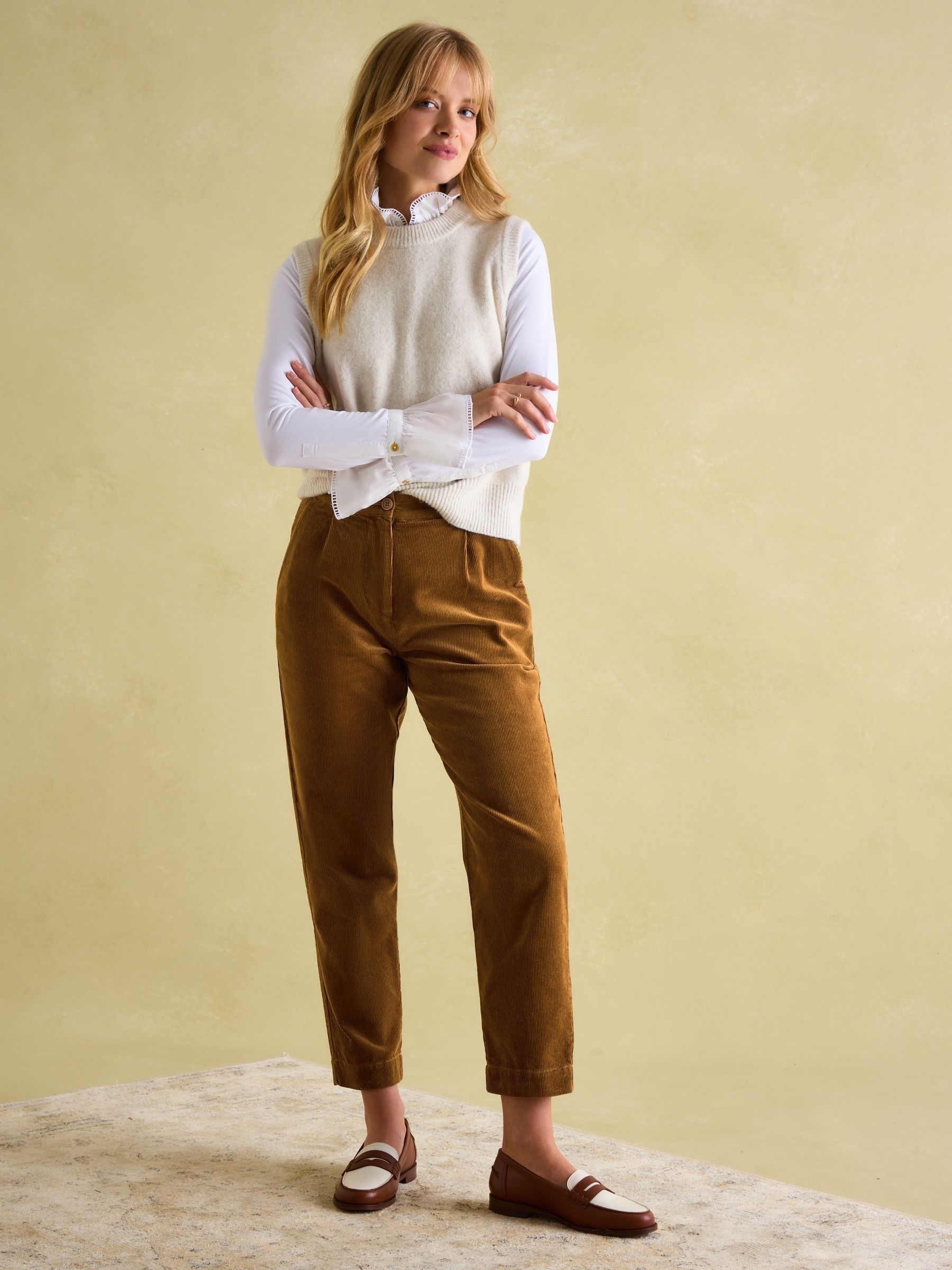 Calla Tan Brown Corduroy Tapered Trousers - Image 3 of 7