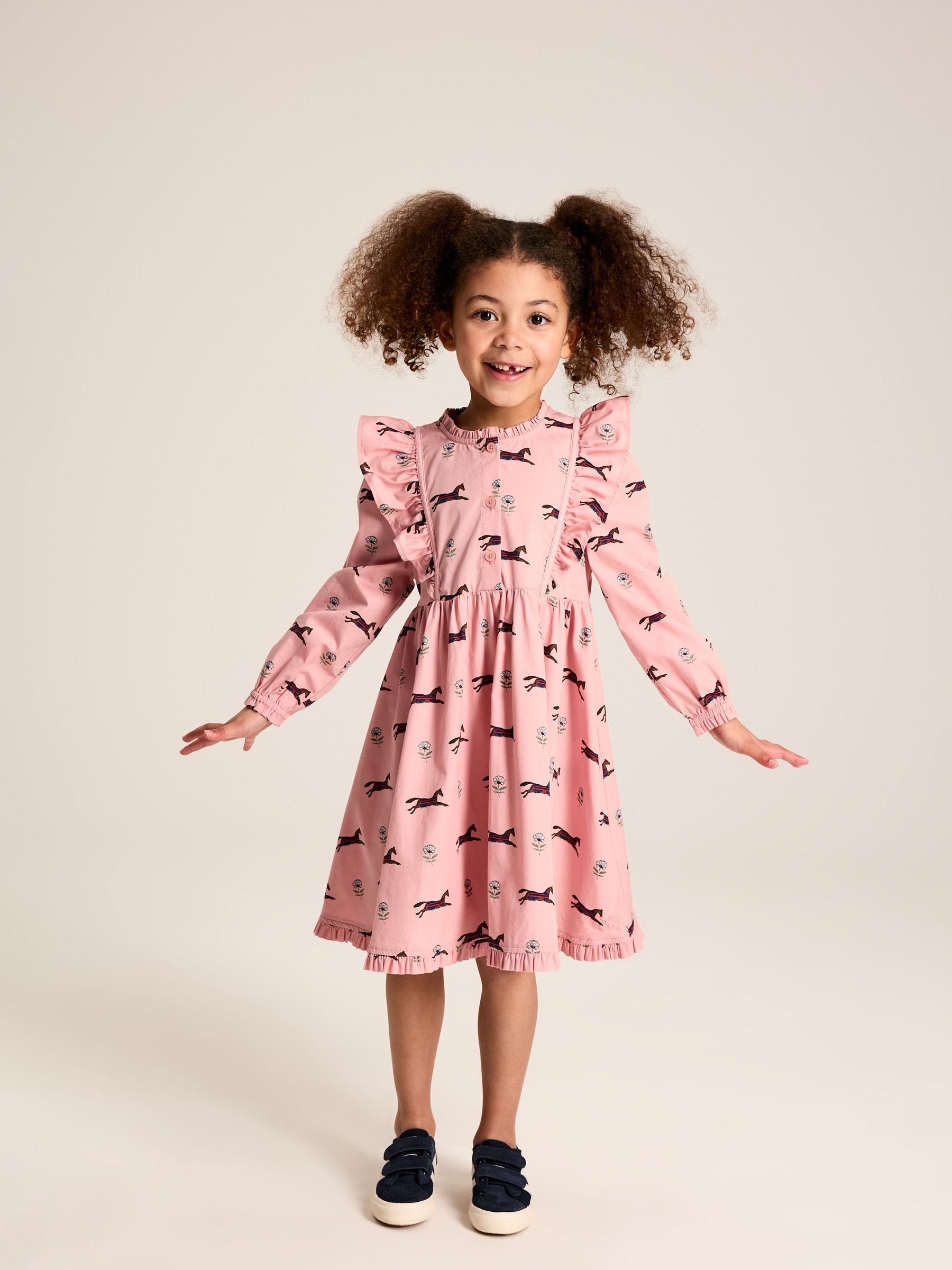 Florence Pink Horse Print Long Sleeve Frilled Dress - Image 1 of 9