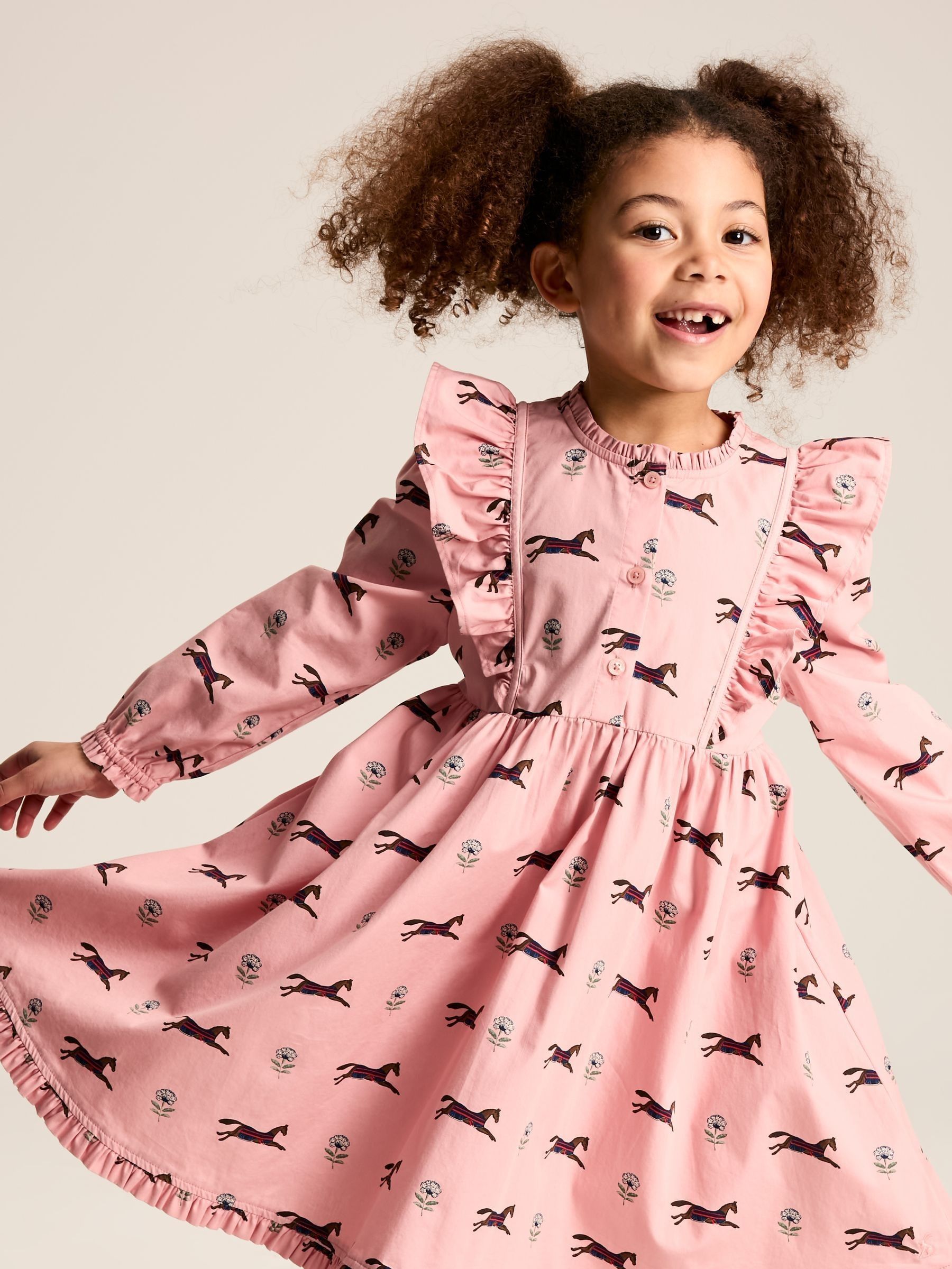 Florence Pink Horse Print Long Sleeve Frilled Dress - Image 3 of 9