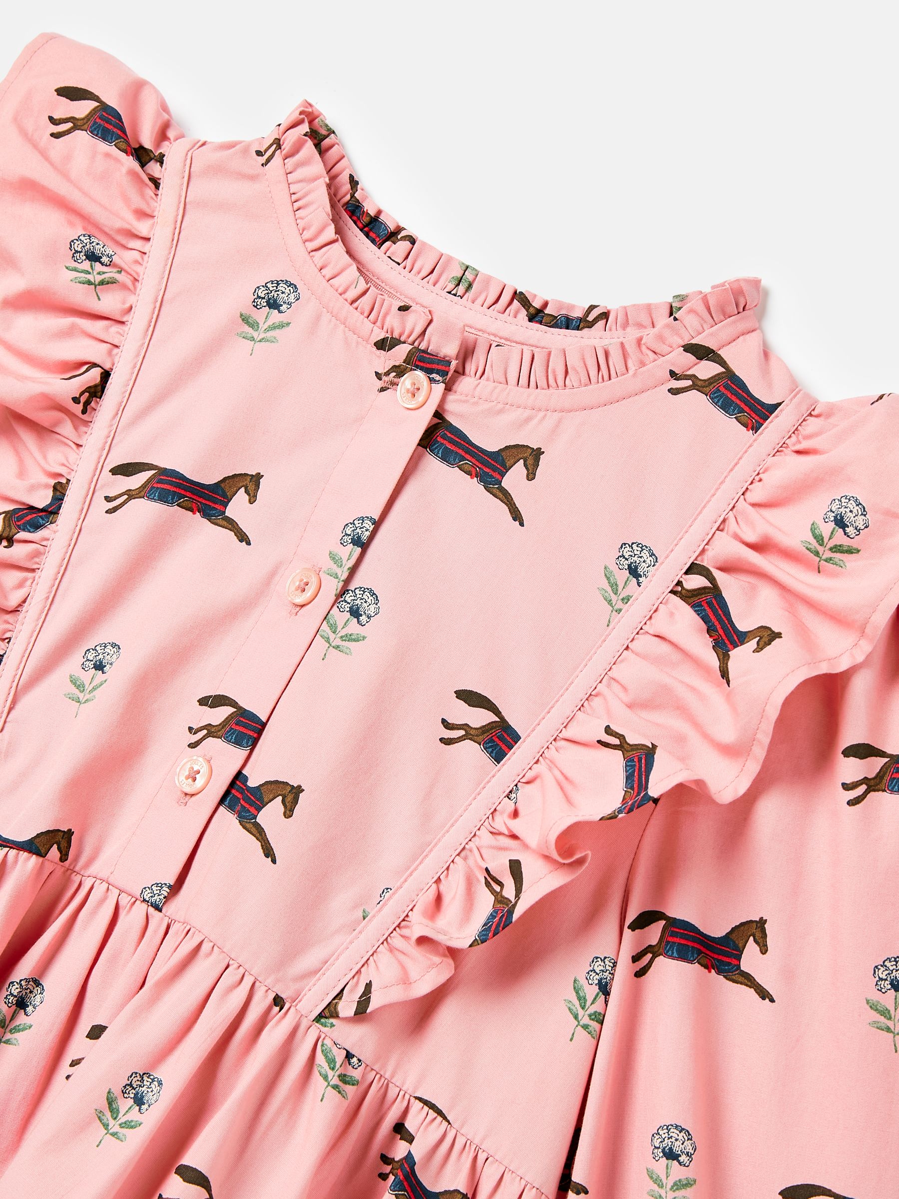 Florence Pink Horse Print Long Sleeve Frilled Dress - Image 7 of 9