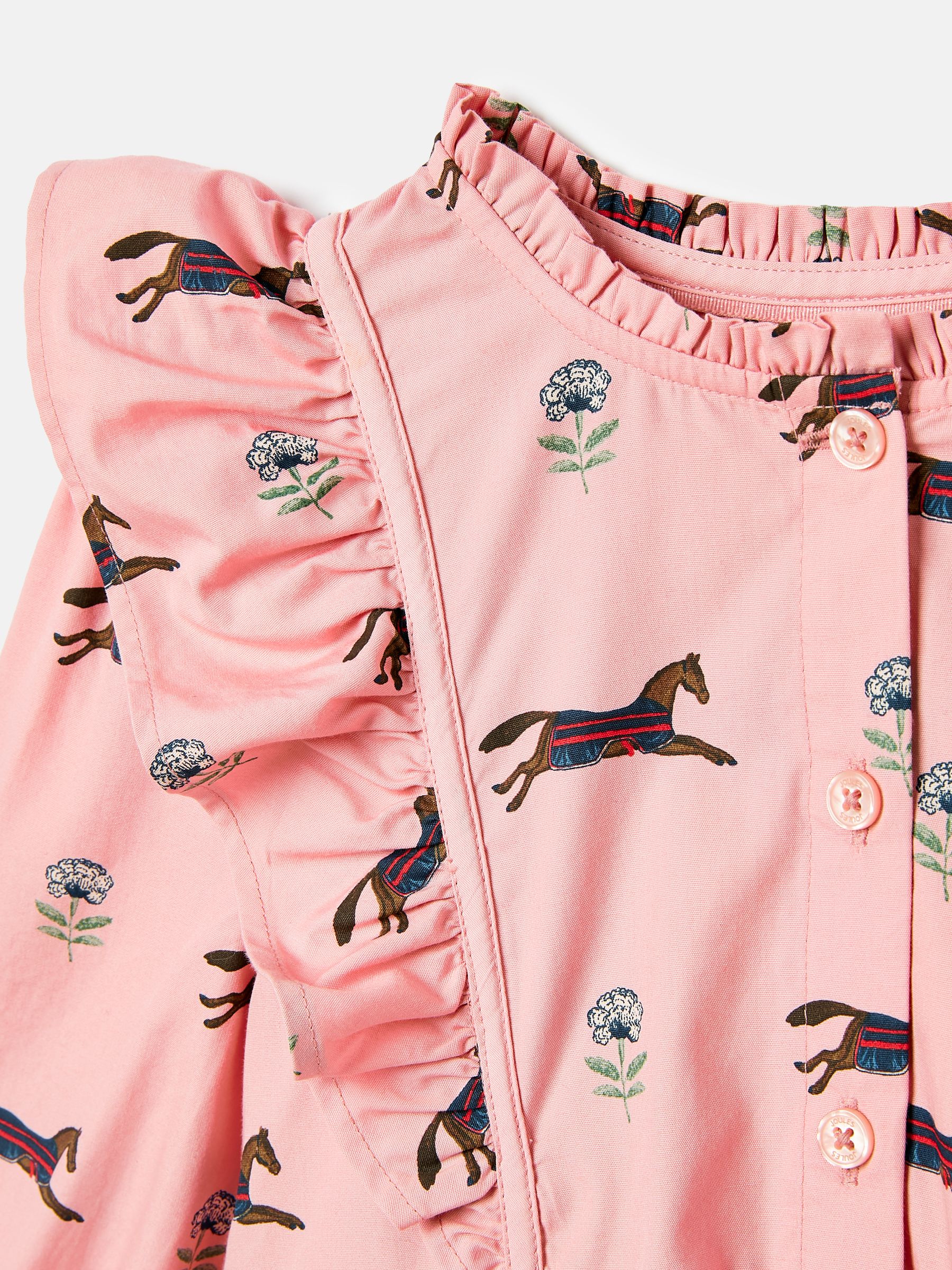 Florence Pink Horse Print Long Sleeve Frilled Dress - Image 9 of 9