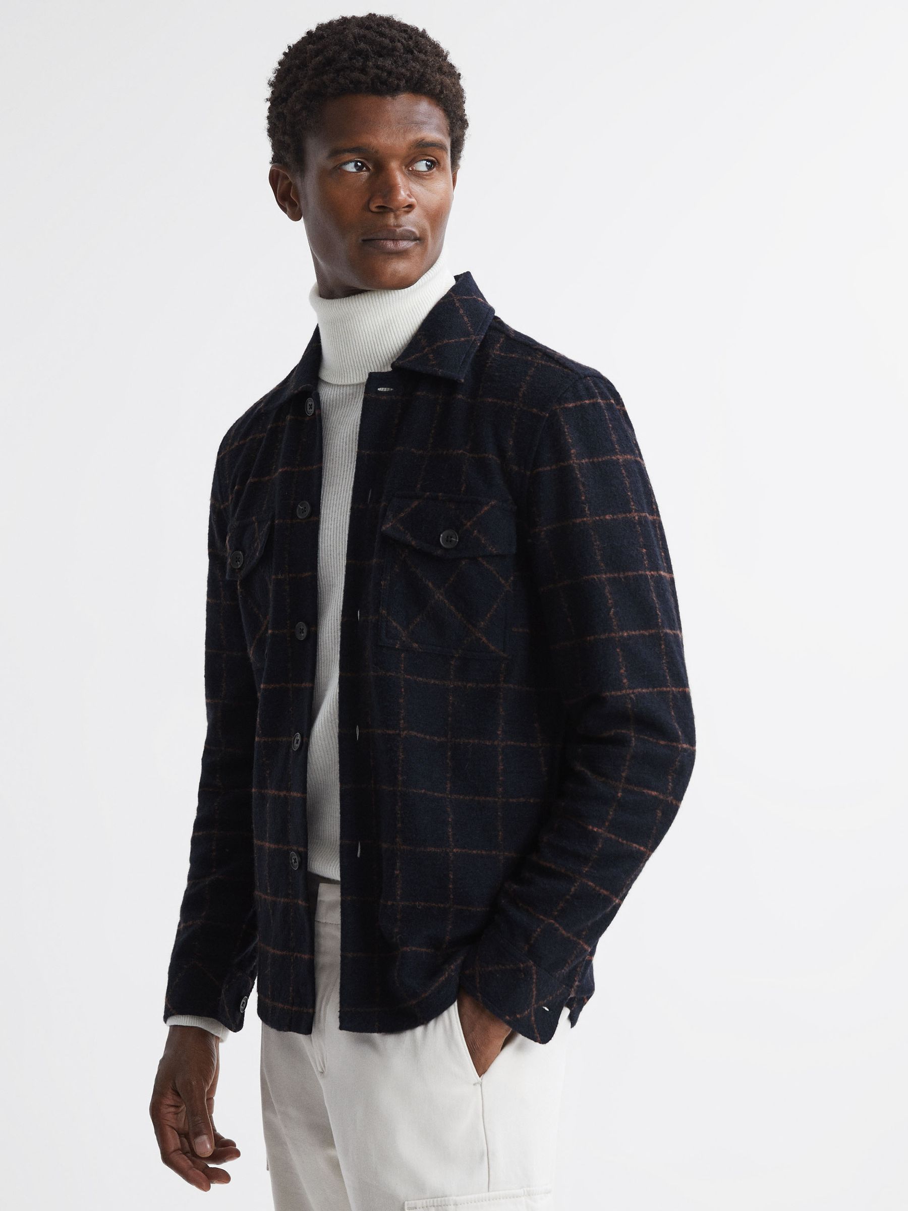 Brushed Wool Check Overshirt in Navy - Image 1 of 5