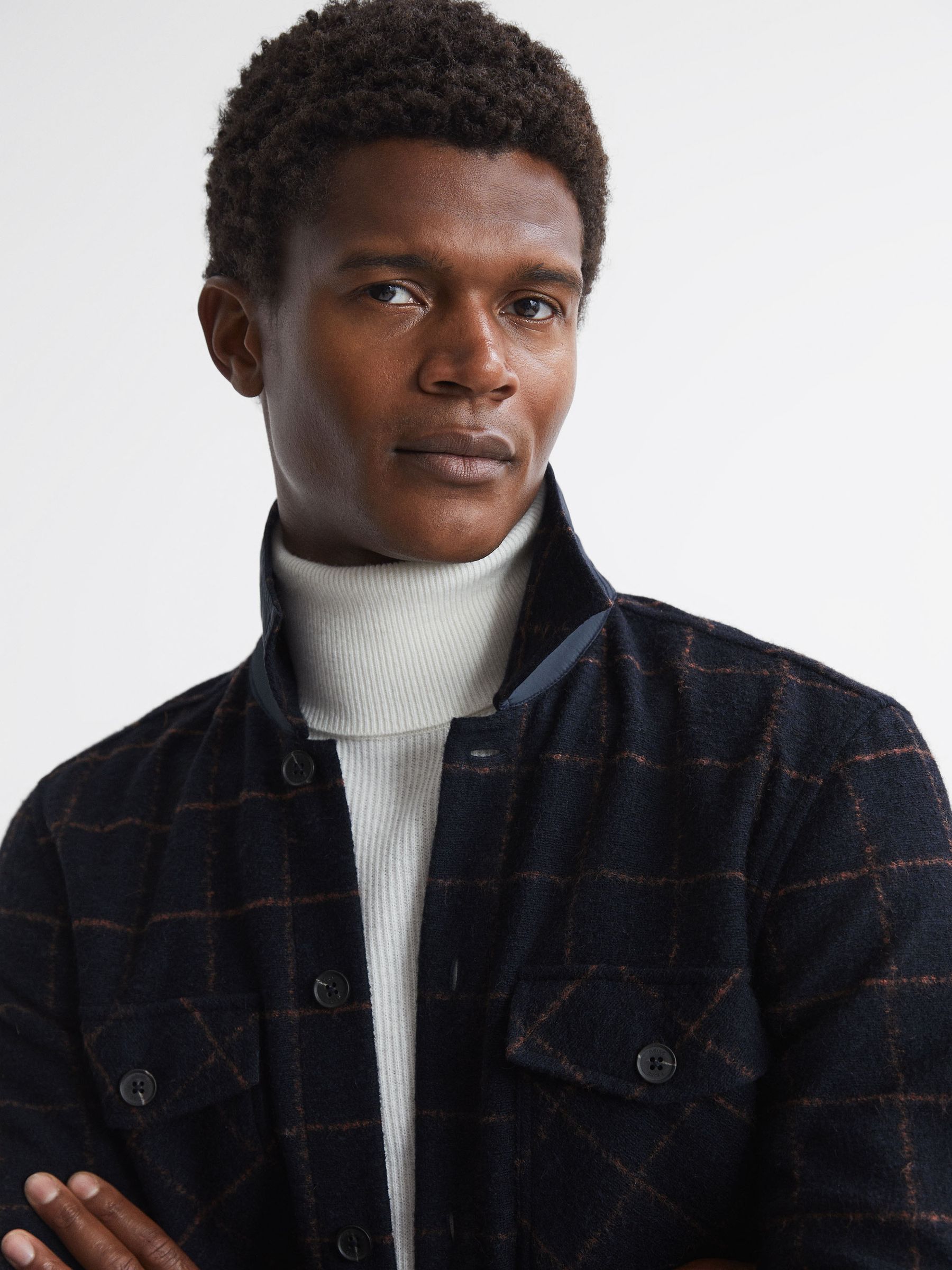Brushed Wool Check Overshirt in Navy - Image 3 of 5