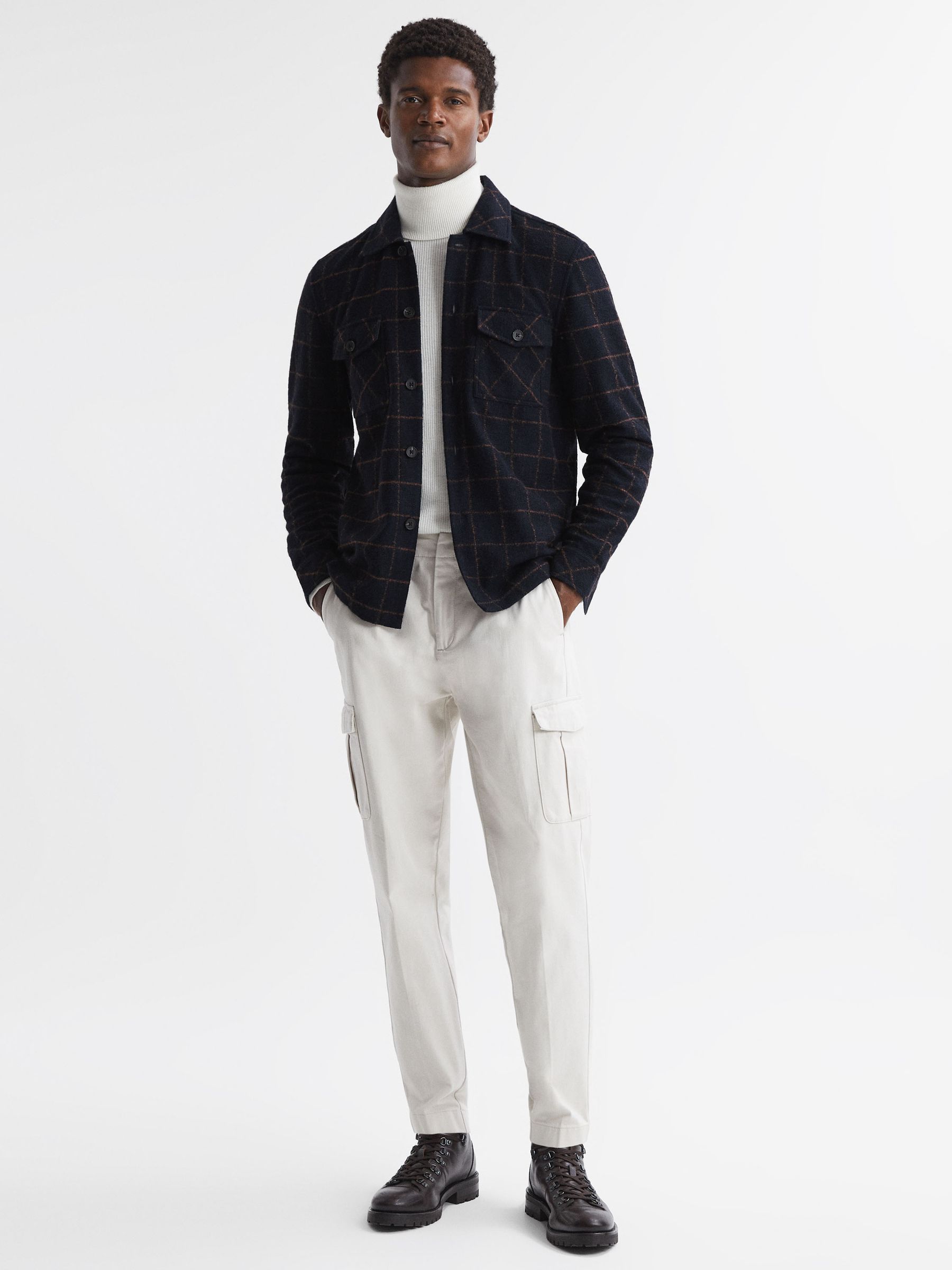 Brushed Wool Check Overshirt in Navy - Image 4 of 5