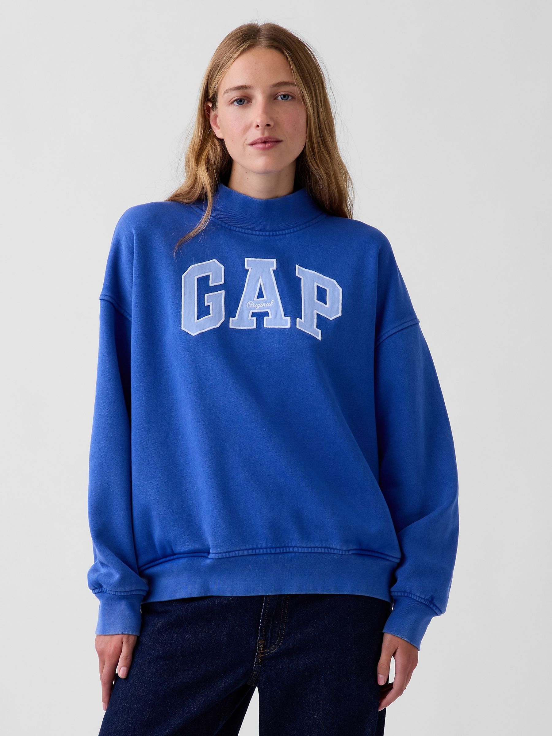 Bright Blue Vintage Soft Oversized Mock Neck Logo Sweatshirt - Image 3 of 5
